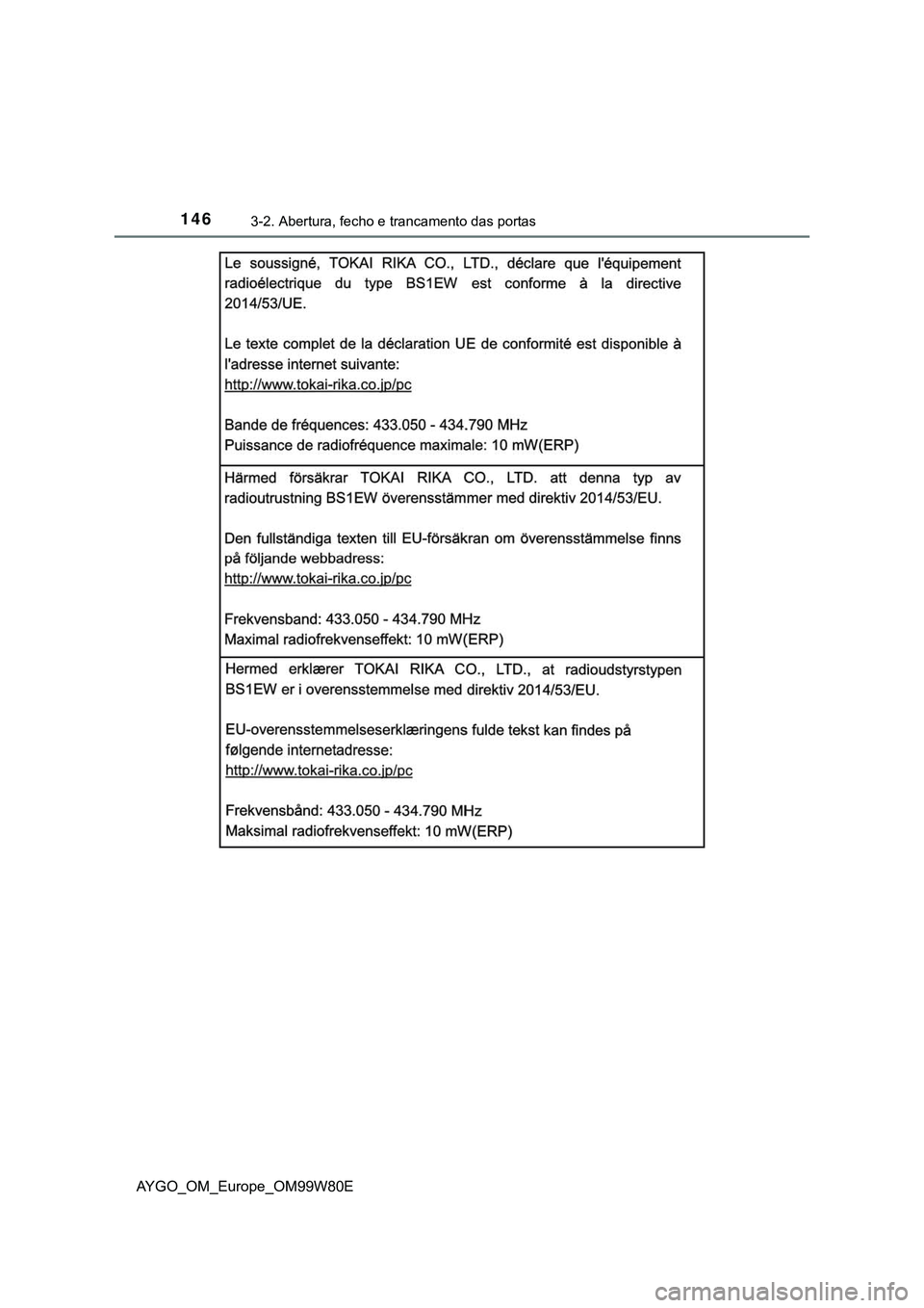 TOYOTA AYGO 2021  Manual de utilização (in Portuguese) 1463-2. Abertura, fecho e trancamento das portas
AYGO_OM_Europe_OM99W80E 
