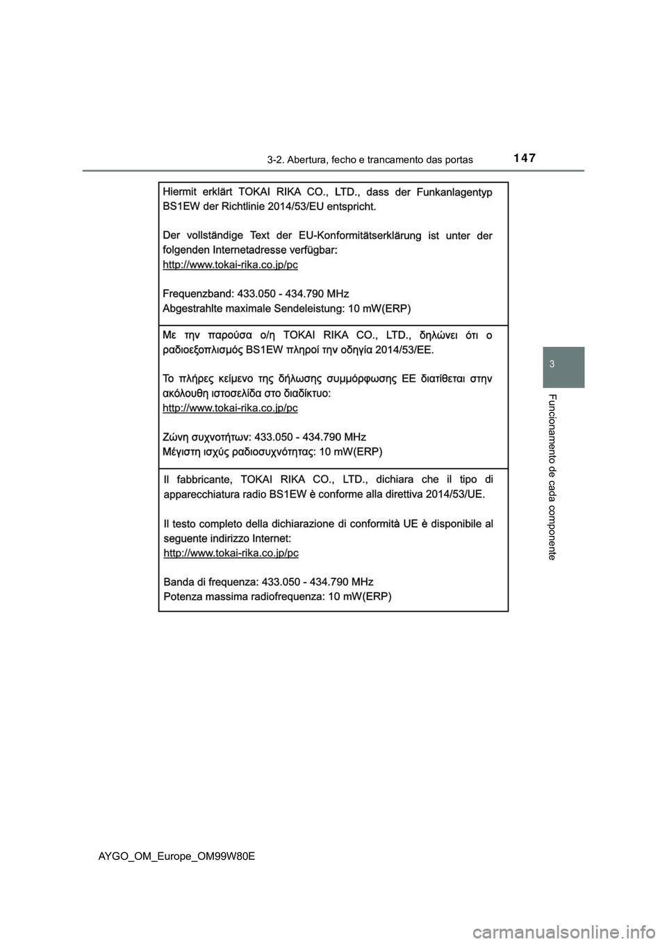 TOYOTA AYGO 2021  Manual de utilização (in Portuguese) 1473-2. Abertura, fecho e trancamento das portas
3
Funcionamento de cada componente
AYGO_OM_Europe_OM99W80E 