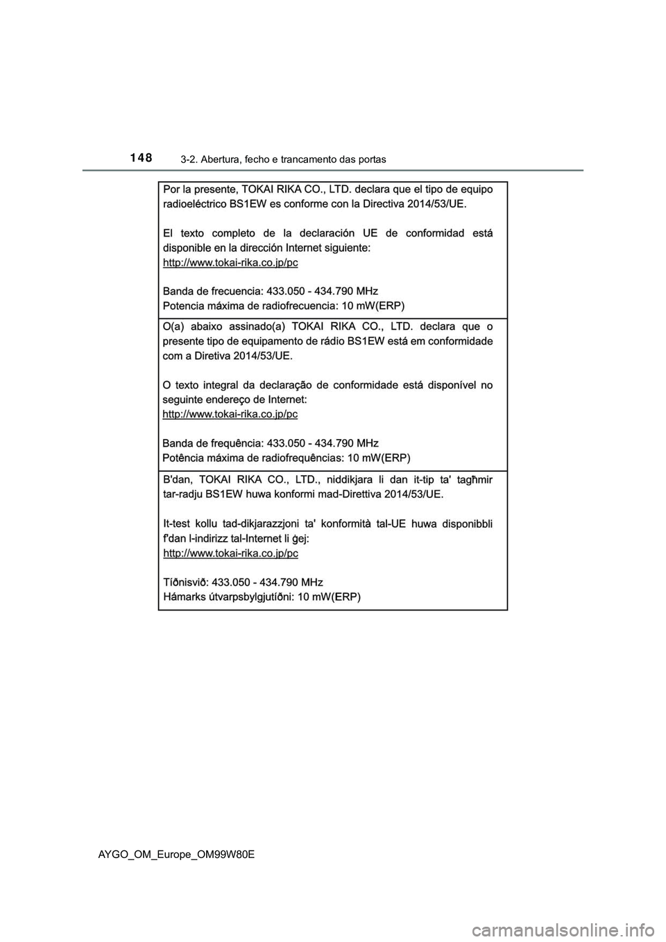 TOYOTA AYGO 2021  Manual de utilização (in Portuguese) 1483-2. Abertura, fecho e trancamento das portas
AYGO_OM_Europe_OM99W80E 