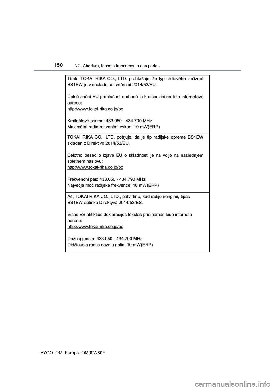 TOYOTA AYGO 2021  Manual de utilização (in Portuguese) 1503-2. Abertura, fecho e trancamento das portas
AYGO_OM_Europe_OM99W80E 