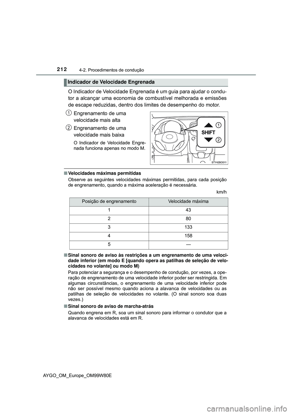 TOYOTA AYGO 2021  Manual de utilização (in Portuguese) 2124-2. Procedimentos de condução
AYGO_OM_Europe_OM99W80E
O Indicador de Velocidade Engrenada é um guia para ajudar o condu-
tor a alcançar uma economia de combustível melhorada e emissões
de es
