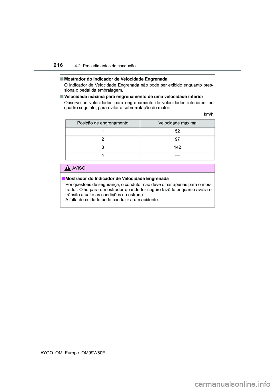 TOYOTA AYGO 2021  Manual de utilização (in Portuguese) 2164-2. Procedimentos de condução
AYGO_OM_Europe_OM99W80E
Mostrador do Indicador de Velocidade Engrenada
O Indicador de Velocidade Engrenada não pode ser exibido enquanto pres-
siona o pedal da 
