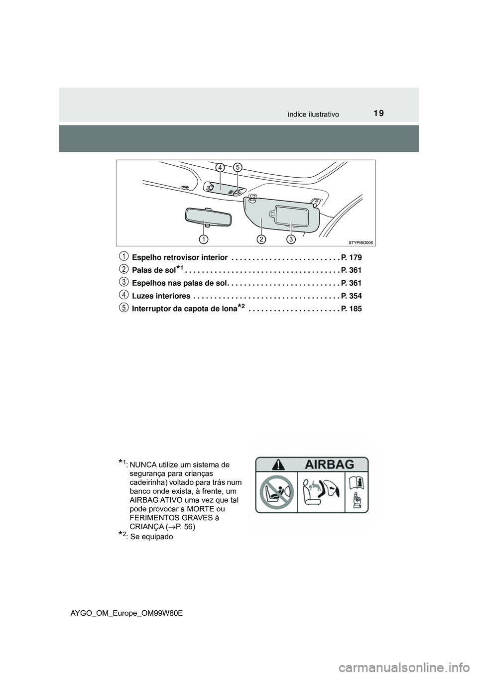 TOYOTA AYGO 2021  Manual de utilização (in Portuguese) 19ìndice ilustrativo
AYGO_OM_Europe_OM99W80EEspelho retrovisor interior  . . . . . . . . . . . . . . . . . . . . . . . . . . P. 179
Palas de sol
*1. . . . . . . . . . . . . . . . . . . . . . . . . . 