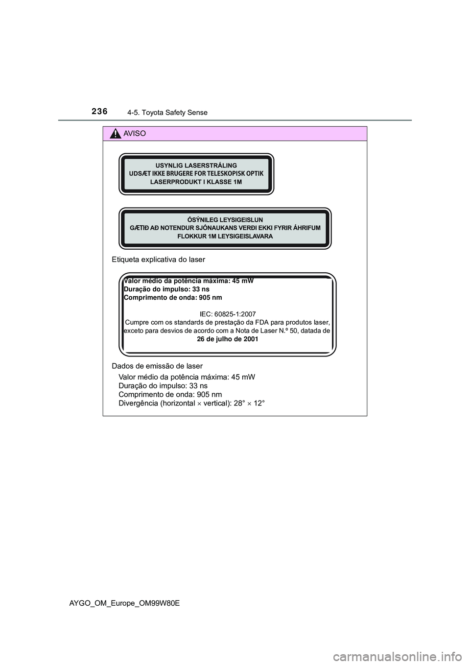 TOYOTA AYGO 2021  Manual de utilização (in Portuguese) 2364-5. Toyota Safety Sense
AYGO_OM_Europe_OM99W80E
AV I S O
Etiqueta explicativa do laser
Dados de emissão de laser
Valor médio da potência máxima: 45 mW 
Duração do impulso: 33 ns 
Comprimento
