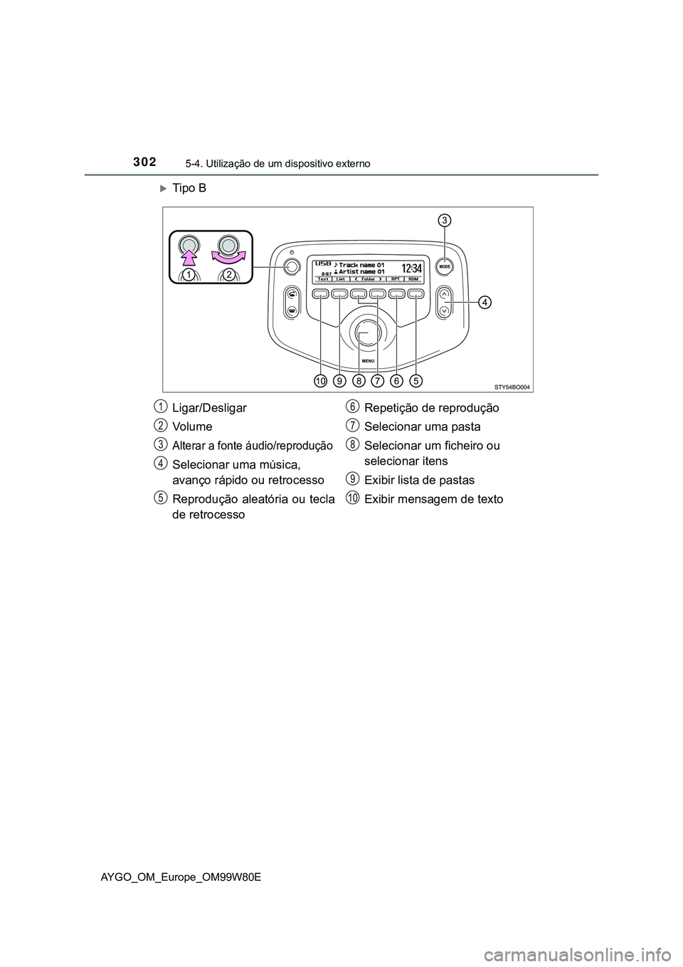 TOYOTA AYGO 2021  Manual de utilização (in Portuguese) 3025-4. Utilização de um dispositivo externo
AYGO_OM_Europe_OM99W80E
Tipo B
Ligar/Desligar
Vo l u m e
Alterar a fonte áudio/reprodução
Selecionar uma música,
avanço rápido ou retrocesso
Rep