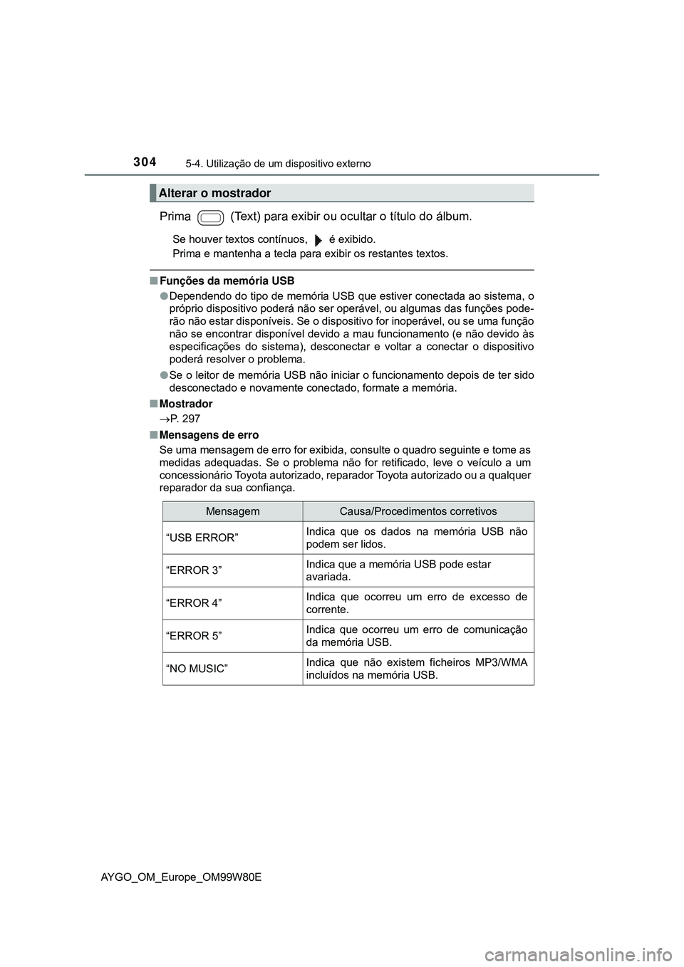 TOYOTA AYGO 2021  Manual de utilização (in Portuguese) 3045-4. Utilização de um dispositivo externo
AYGO_OM_Europe_OM99W80E
Prima   (Text) para exibir ou ocultar o título do álbum.
Se houver textos contínuos,   é exibido.
Prima e mantenha a tecla pa