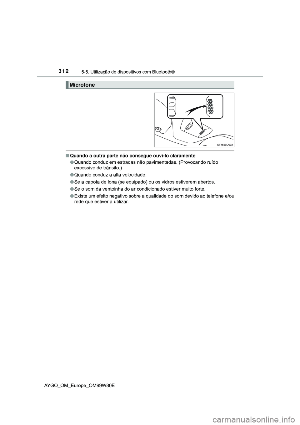 TOYOTA AYGO 2021  Manual de utilização (in Portuguese) 3125-5. Utilização de dispositivos com Bluetooth®
AYGO_OM_Europe_OM99W80E
Quando a outra parte não consegue ouvi-lo claramente
Quando conduz em estradas não pavimentadas. (Provocando ruído