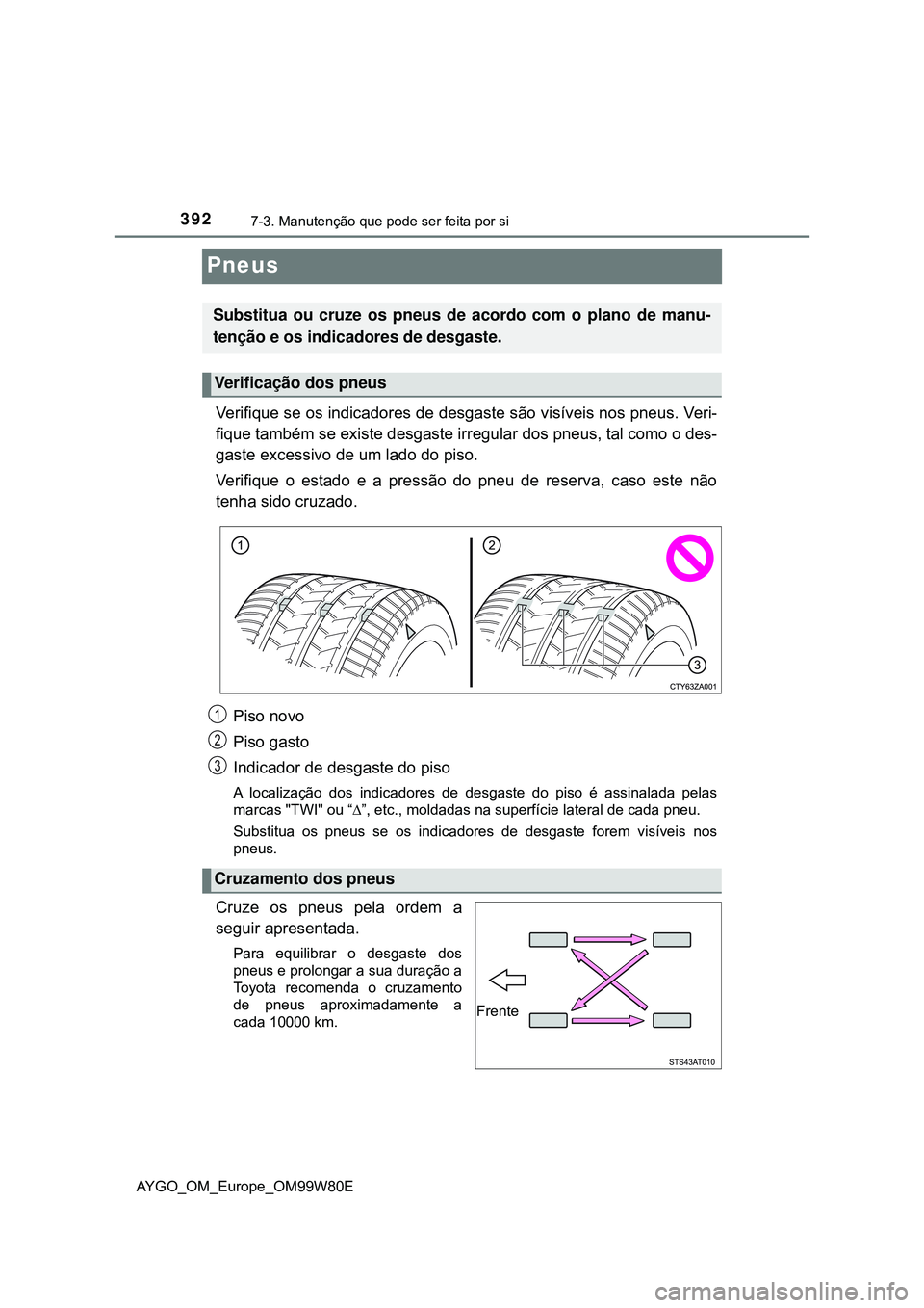 TOYOTA AYGO 2021  Manual de utilização (in Portuguese) 3927-3. Manutenção que pode ser feita por si
AYGO_OM_Europe_OM99W80E
Pneus
Verifique se os indicadores de desgaste são visíveis nos pneus. Veri-
fique também se existe desgaste irregular dos pneu