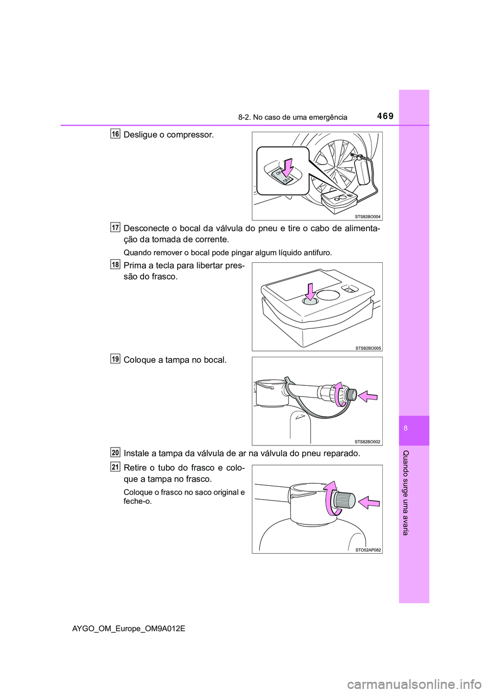 TOYOTA AYGO 2021  Manual de utilização (in Portuguese) 4698-2. No caso de uma emergência
8
Quando surge uma avaria
AYGO_OM_Europe_OM9A012E
Desligue o compressor.
Desconecte o bocal da válvula do pneu e tire o cabo de alimenta-
ção da tomada de corrent