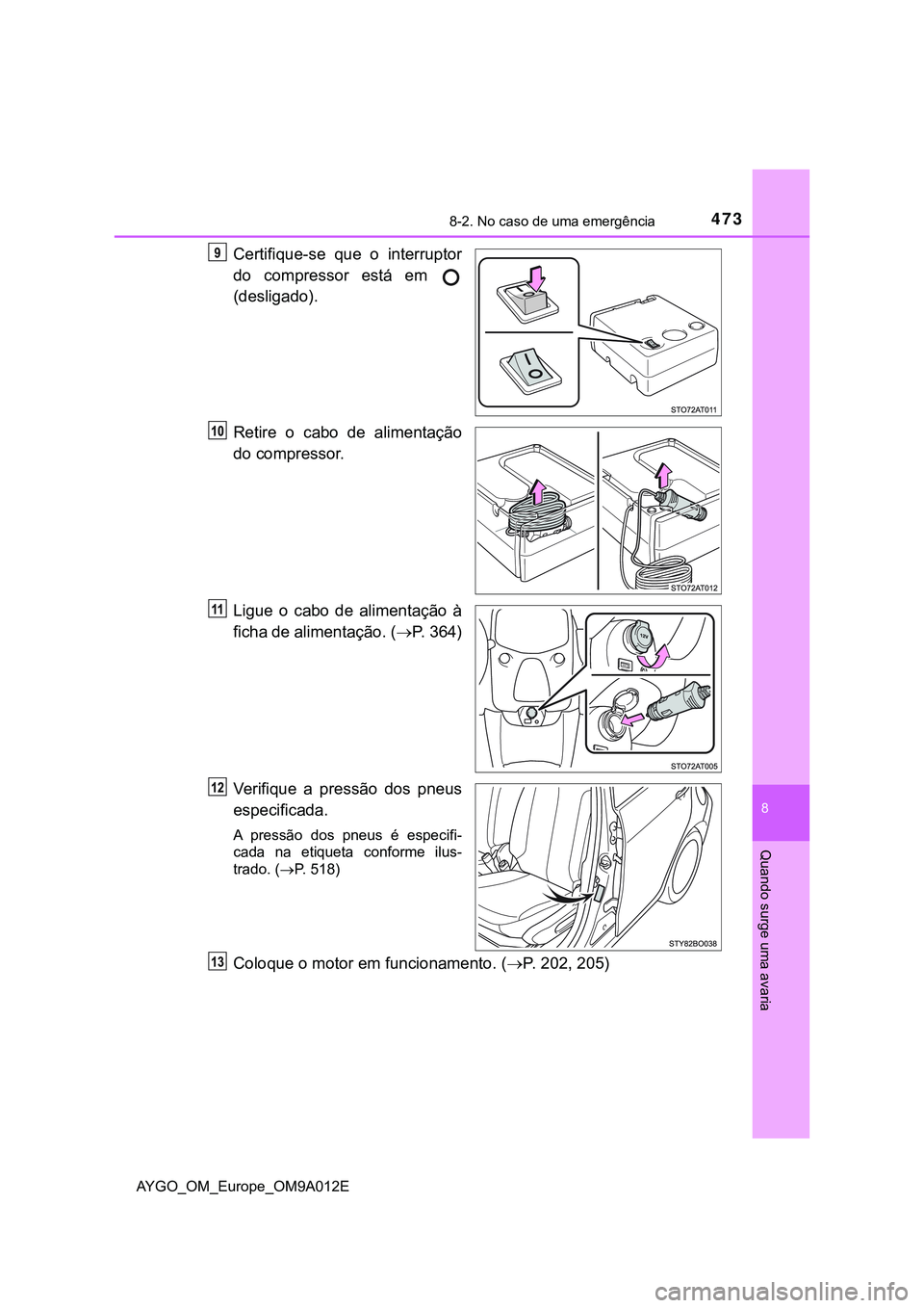 TOYOTA AYGO 2021  Manual de utilização (in Portuguese) 4738-2. No caso de uma emergência
8
Quando surge uma avaria
AYGO_OM_Europe_OM9A012E
Certifique-se que o interruptor
do compressor está em 
(desligado).
Retire o cabo de alimentação
do compressor.
