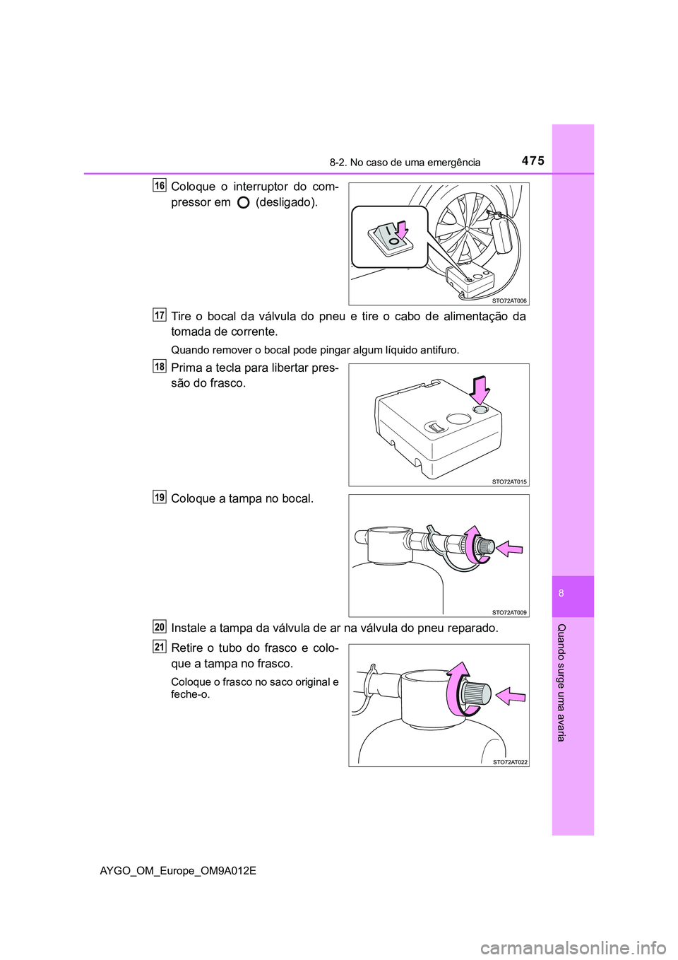TOYOTA AYGO 2021  Manual de utilização (in Portuguese) 4758-2. No caso de uma emergência
8
Quando surge uma avaria
AYGO_OM_Europe_OM9A012E
Coloque o interruptor do com-
pressor em 
 (desligado).
Tire o bocal da válvula do pneu e tire o cabo de alimenta