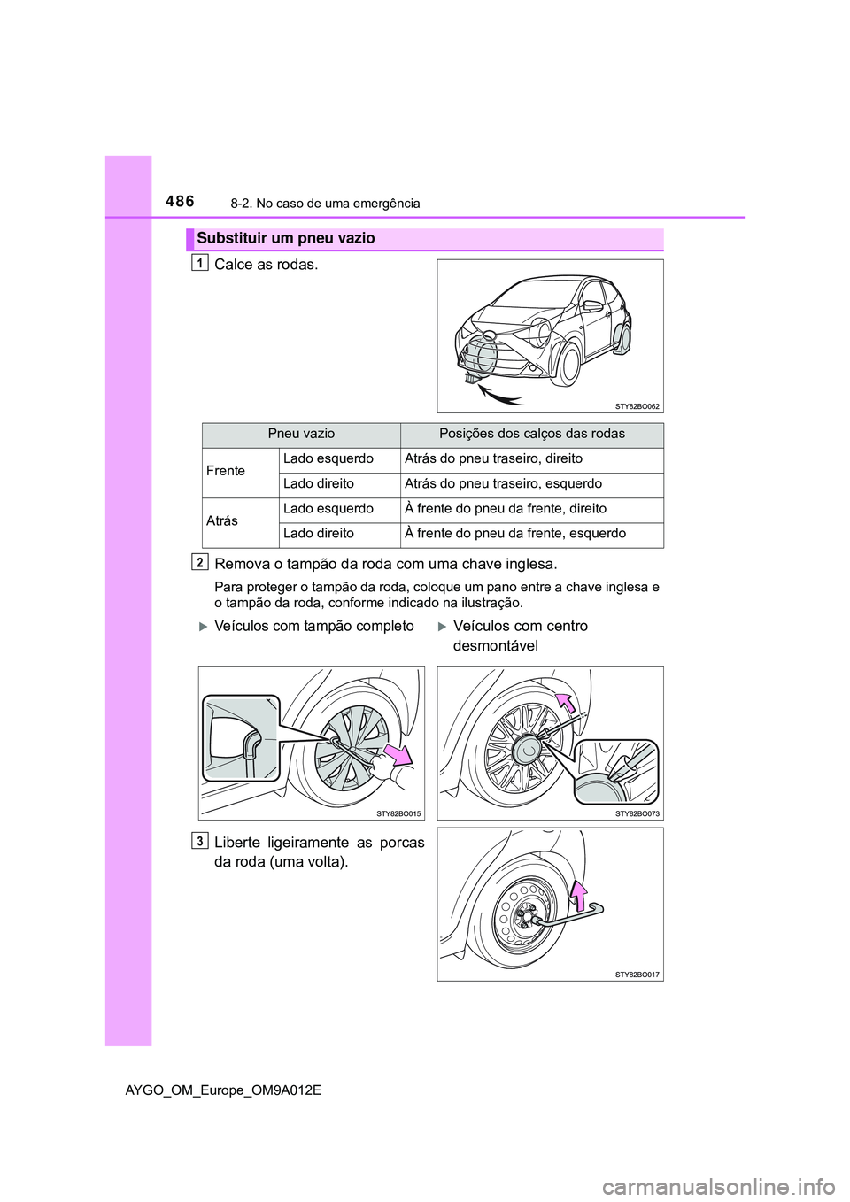 TOYOTA AYGO 2021  Manual de utilização (in Portuguese) 4868-2. No caso de uma emergência
AYGO_OM_Europe_OM9A012E
Calce as rodas.
Remova o tampão da roda com uma chave inglesa.
Para proteger o tampão da roda, coloque um pano entre a chave inglesa e
o ta