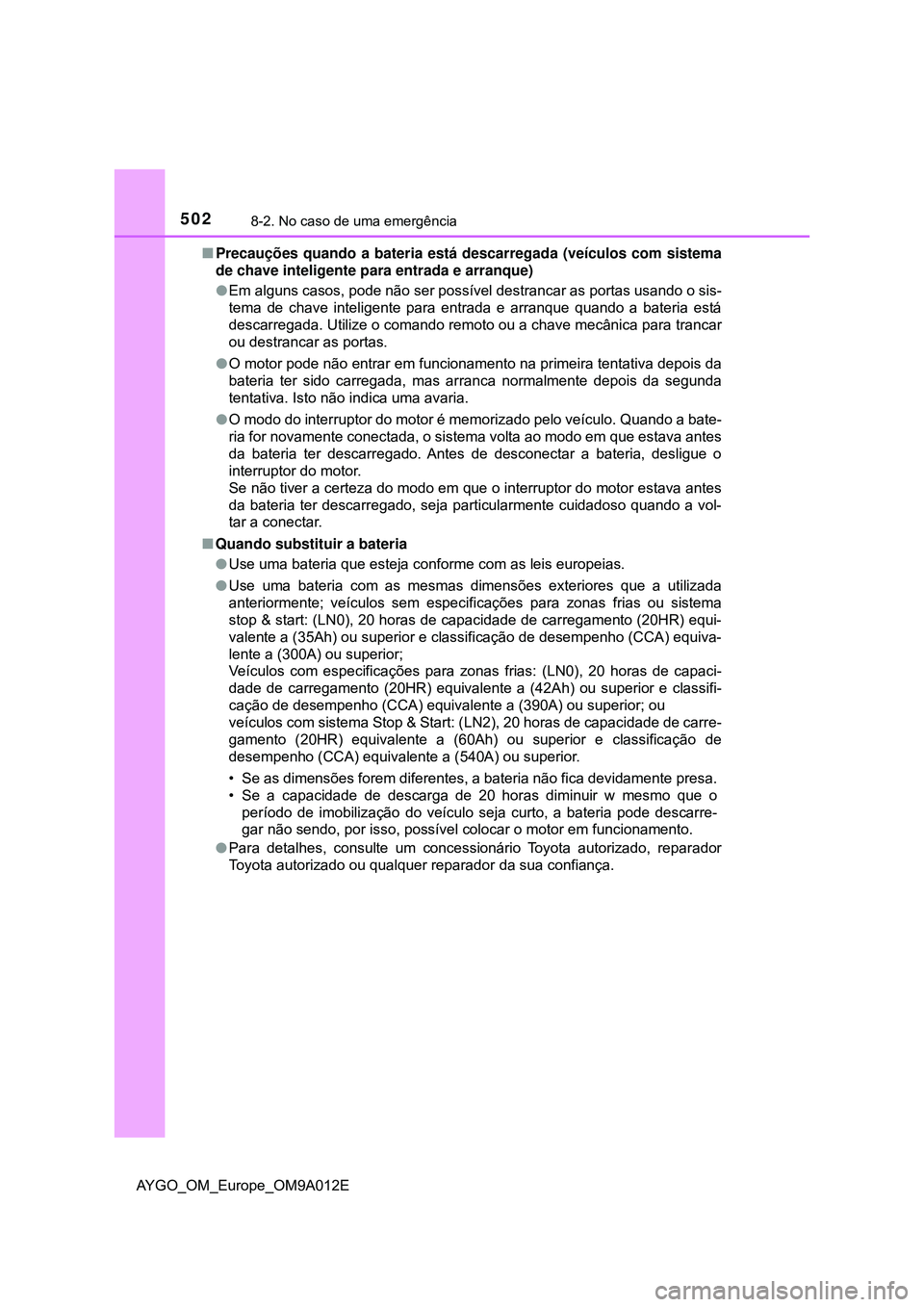TOYOTA AYGO 2021  Manual de utilização (in Portuguese) 5028-2. No caso de uma emergência
AYGO_OM_Europe_OM9A012EPrecauções quando a bateria está descarregada (veículos com sistema
de chave inteligente para entrada e arranque)
Em alguns casos, p