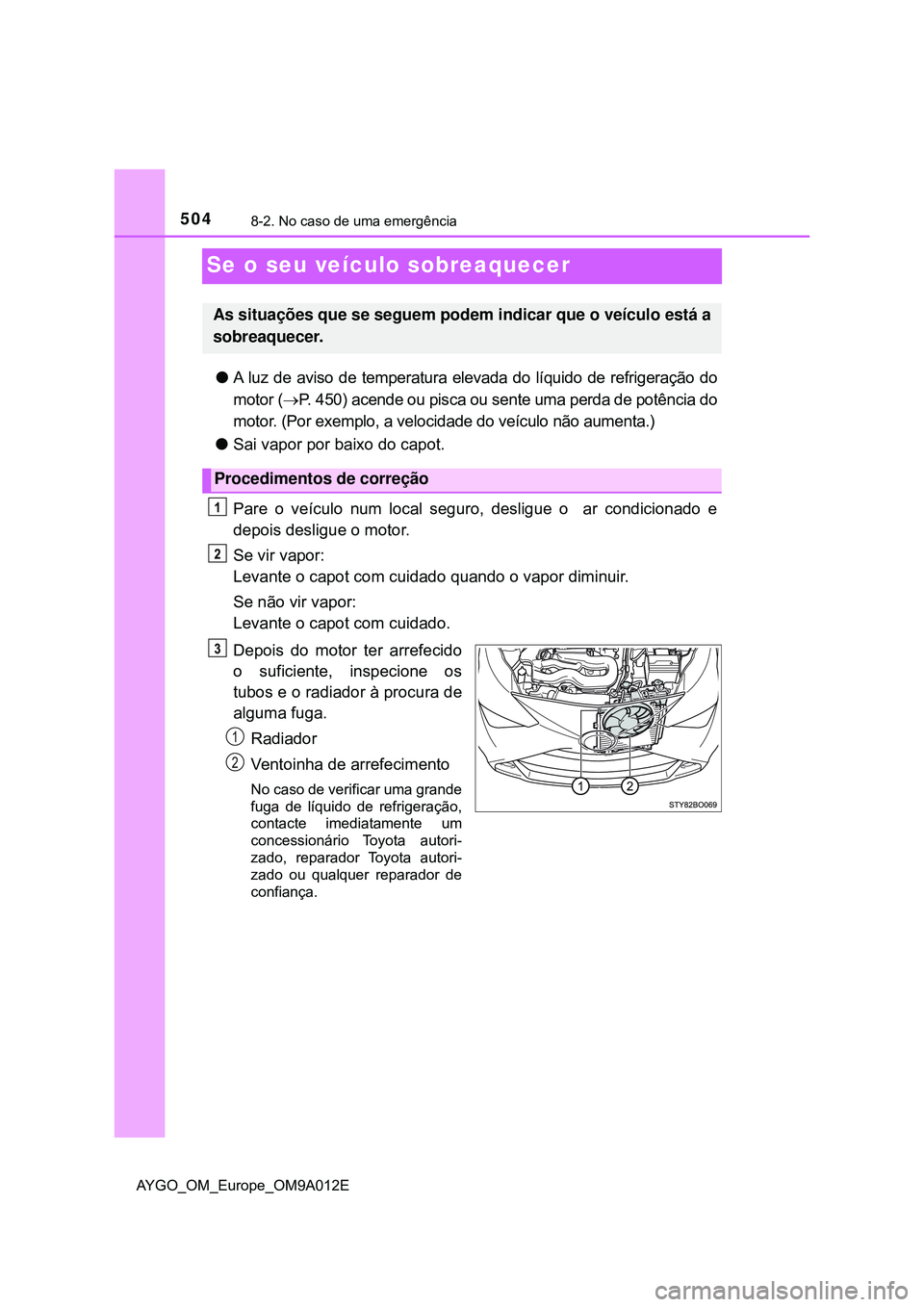 TOYOTA AYGO 2021  Manual de utilização (in Portuguese) 5048-2. No caso de uma emergência
AYGO_OM_Europe_OM9A012E
Se o seu veículo sobreaquecer
A luz de aviso de temperatura elevada do líquido de refrigeração do
motor (P. 450) acende ou pisca ou