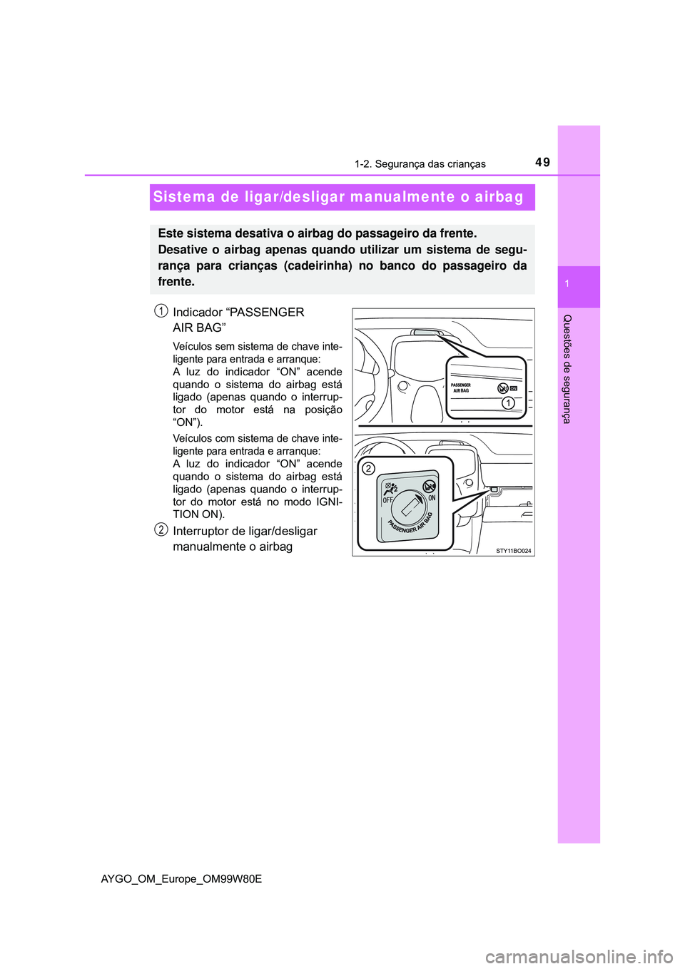 TOYOTA AYGO 2021  Manual de utilização (in Portuguese) 491-2. Segurança das crianças
1
Questões de segurança
AYGO_OM_Europe_OM99W80E
Sistema de ligar/desligar manualmente o airbag
Indicador “PASSENGER 
AIR BAG”
Veículos sem sistema de chave inte-