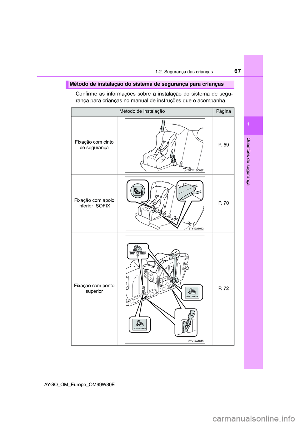 TOYOTA AYGO 2021  Manual de utilização (in Portuguese) 671-2. Segurança das crianças
1
Questões de segurança
AYGO_OM_Europe_OM99W80E
Confirme as informações sobre a instalação do sistema de segu-
rança para crianças no manual de instruções que
