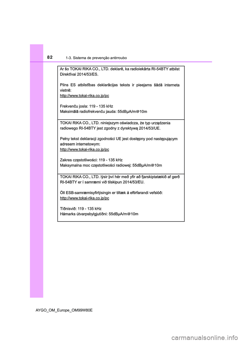TOYOTA AYGO 2021  Manual de utilização (in Portuguese) 821-3. Sistema de prevenção antirroubo
AYGO_OM_Europe_OM99W80E 