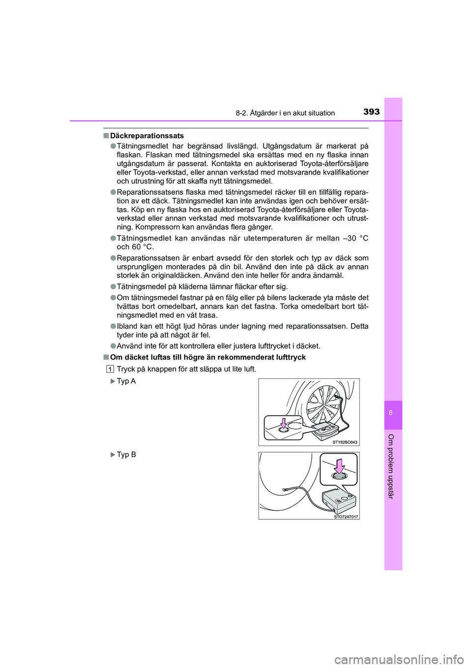 TOYOTA AYGO 2021  Bruksanvisningar (in Swedish) 3938-2. Åtgärder i en akut situation
8
Om problem uppstår
AYGO Europe OM9A012SE
nDäckreparationssats
lTätningsmedlet har begränsad livslängd. Utgångsdatum är markerat på\
flaskan. Flaskan m