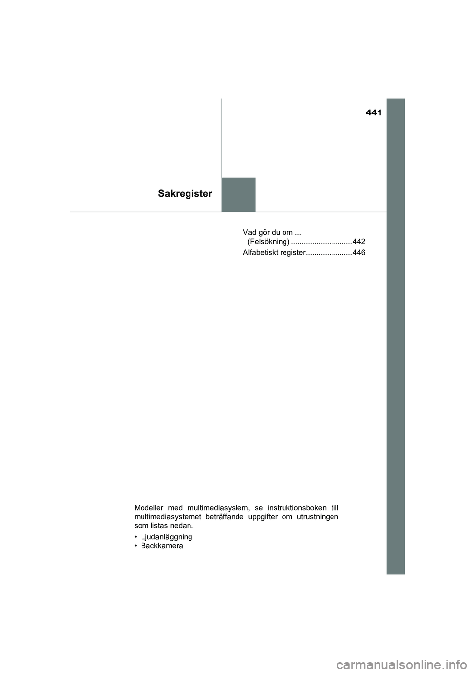 TOYOTA AYGO 2021  Bruksanvisningar (in Swedish) 441
Sakregister
AYGO Europe OM9A012SEVad gör du om ... 
(Felsökning) ............................. 442
Alfabetiskt register ...................... 446
Modeller med multimediasystem, se instruktionsb