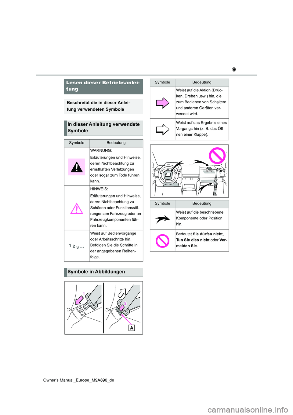 TOYOTA BZ4X 2023  Betriebsanleitungen (in German) 9
Owner’s Manual_Europe_M9A890_de
Lesen dieser Betriebsanlei- 
tung
Beschreibt die in dieser Anlei- 
tung verwendeten Symbole
In dieser Anleitung verwendete  
Symbole
SymboleBedeutung
WARNUNG: 
Erl