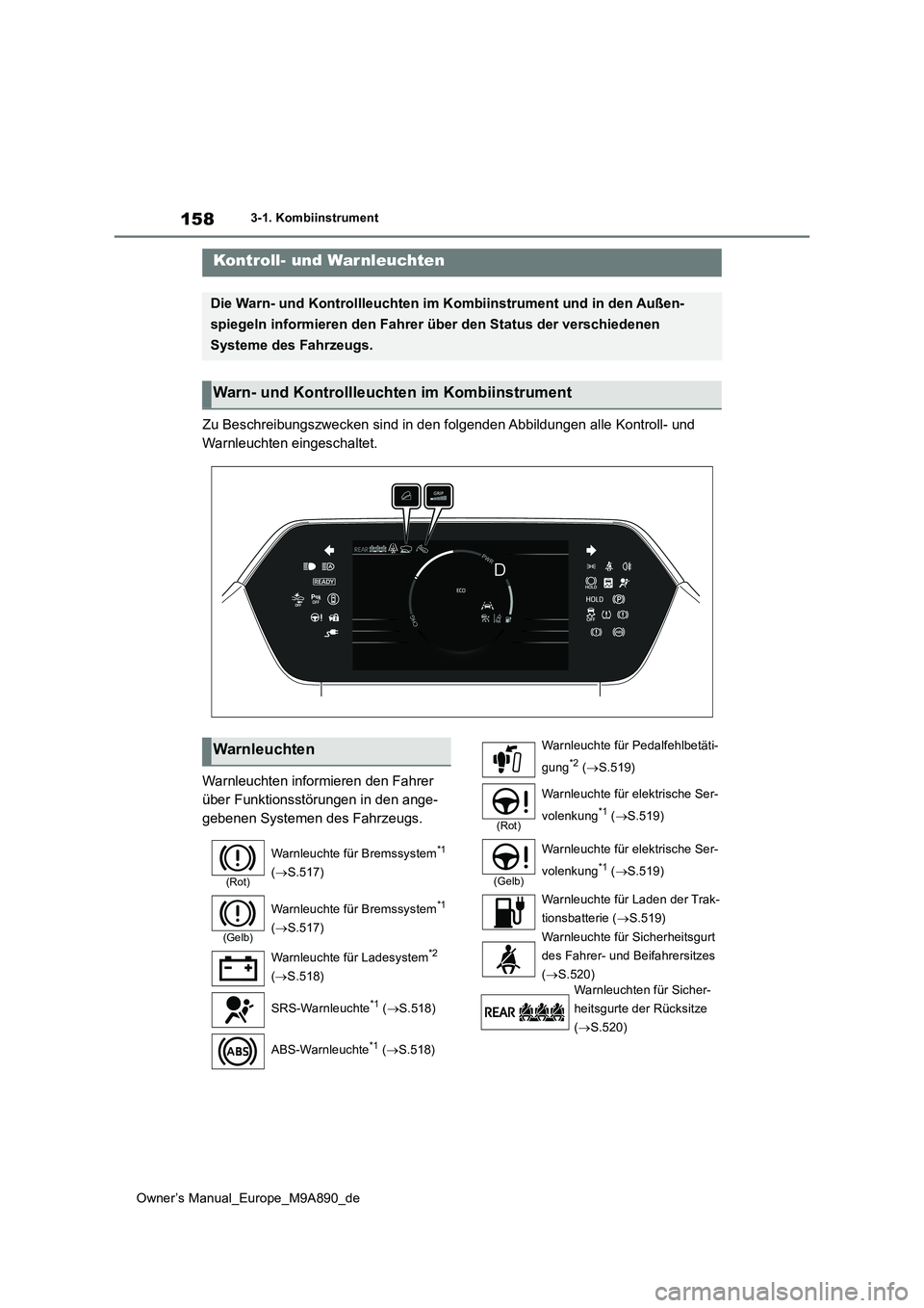 TOYOTA BZ4X 2023  Betriebsanleitungen (in German) 158
Owner’s Manual_Europe_M9A890_de
3-1. Kombiinstrument
3-1.Kombiins trument
Zu Beschreibungszwecken sind in den folgenden Abbildungen alle Kontroll- und  
Warnleuchten eingeschaltet. 
Warnleuchten