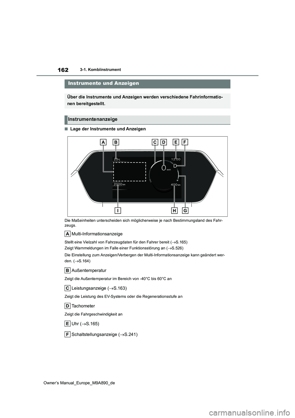 TOYOTA BZ4X 2023  Betriebsanleitungen (in German) 162
Owner’s Manual_Europe_M9A890_de
3-1. Kombiinstrument
■Lage der Instrumente und Anzeigen
Die Maßeinheiten unterscheiden sich möglicherweise je nach Bestimmungsland des Fahr- zeugs.
Multi-Info