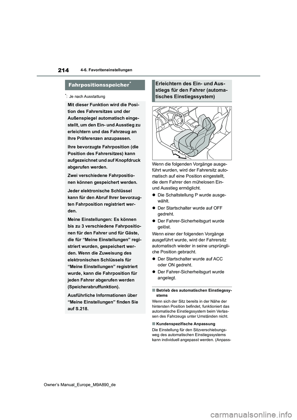 TOYOTA BZ4X 2023 Betriebsanleitungen (in German) 214
Owner’s Manual_Europe_M9A890_de
4-6. Favoriteneinstellungen
4-6.Favo rite neinstellun gen
*: Je nach Ausstattung
Wenn die folgenden Vorgänge ausge-
führt wurden, wird der Fahrersitz auto-
mat TOYOTA BZ4X 2023 Betriebsanleitungen (in German) 214
Owner’s Manual_Europe_M9A890_de
4-6. Favoriteneinstellungen
4-6.Favo rite neinstellun gen
*: Je nach Ausstattung
Wenn die folgenden Vorgänge ausge-
führt wurden, wird der Fahrersitz auto-
mat