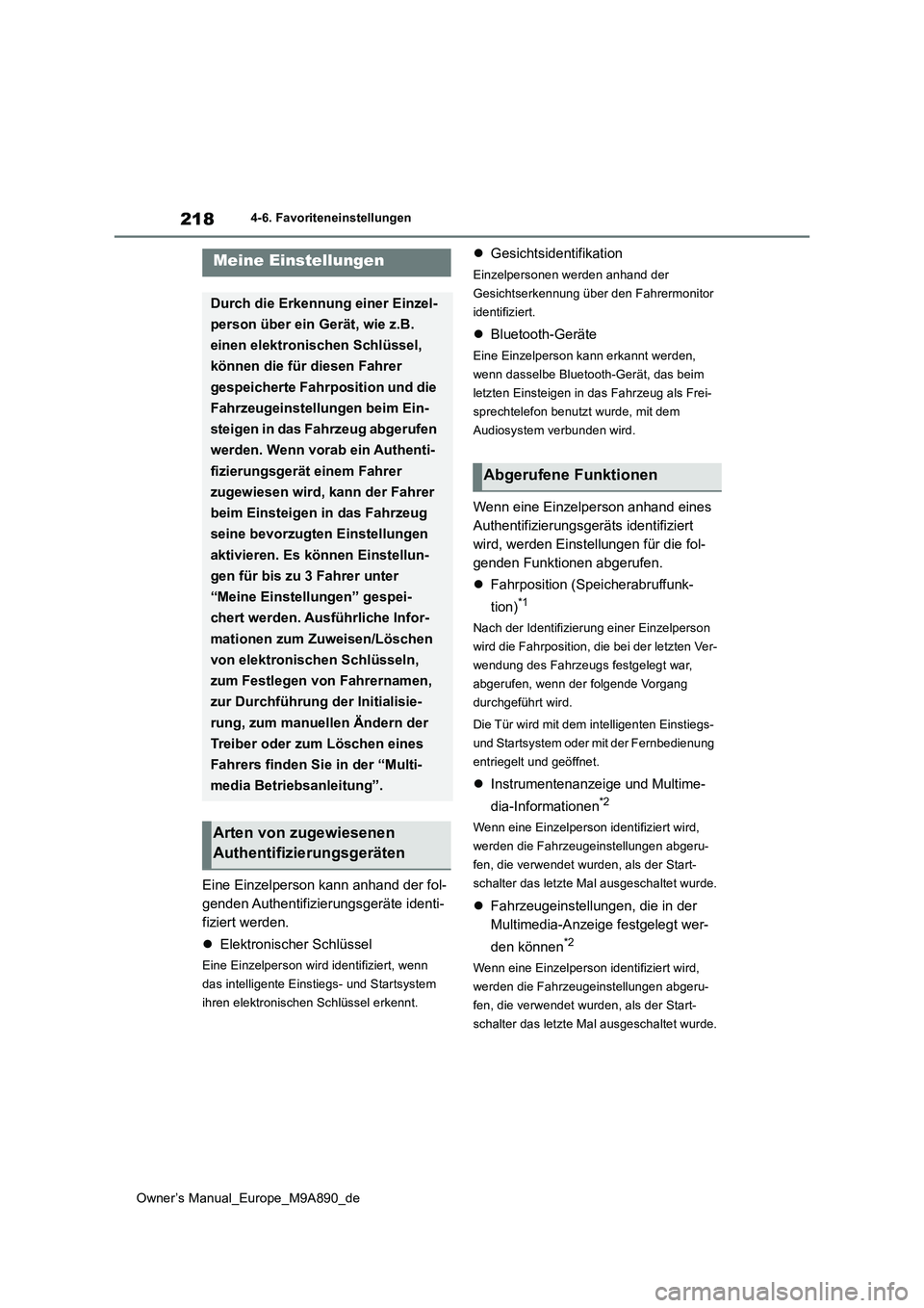 TOYOTA BZ4X 2023 Betriebsanleitungen (in German) 218
Owner’s Manual_Europe_M9A890_de
4-6. Favoriteneinstellungen
Eine Einzelperson kann anhand der fol-
genden Authentifizierungsgeräte identi-
fiziert werden.
Elektronischer Schlüssel
Eine E TOYOTA BZ4X 2023 Betriebsanleitungen (in German) 218
Owner’s Manual_Europe_M9A890_de
4-6. Favoriteneinstellungen
Eine Einzelperson kann anhand der fol-
genden Authentifizierungsgeräte identi-
fiziert werden.
Elektronischer Schlüssel
Eine E