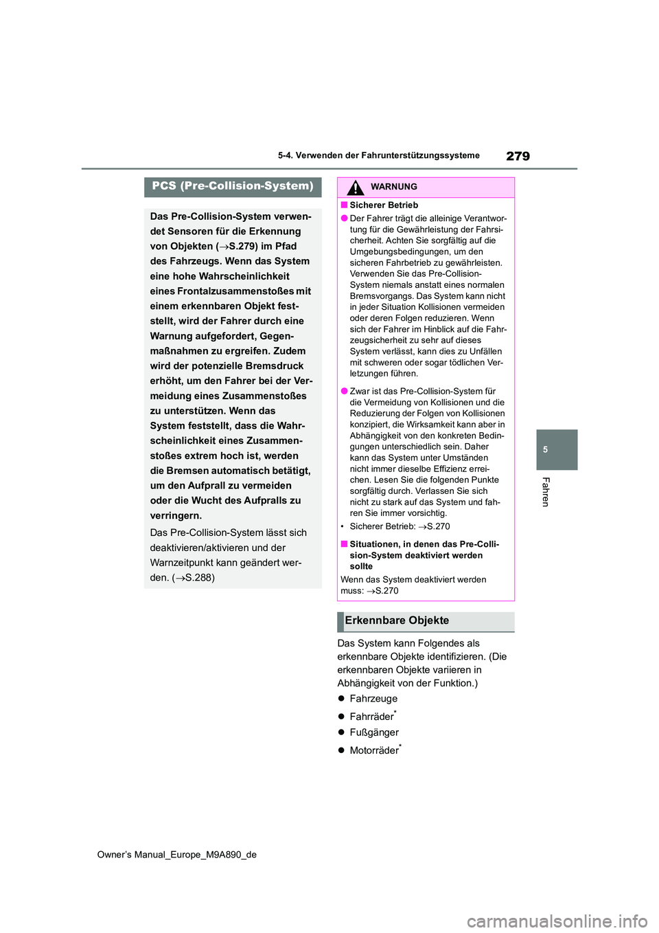 TOYOTA BZ4X 2023 Betriebsanleitungen (in German) 279
5
Owner’s Manual_Europe_M9A890_de
5-4. Verwenden der Fahrunterstützungssysteme
Fahren
Das System kann Folgendes als
erkennbare Objekte identifizieren. (Die
erkennbaren Objekte variieren in
TOYOTA BZ4X 2023 Betriebsanleitungen (in German) 279
5
Owner’s Manual_Europe_M9A890_de
5-4. Verwenden der Fahrunterstützungssysteme
Fahren
Das System kann Folgendes als
erkennbare Objekte identifizieren. (Die
erkennbaren Objekte variieren in