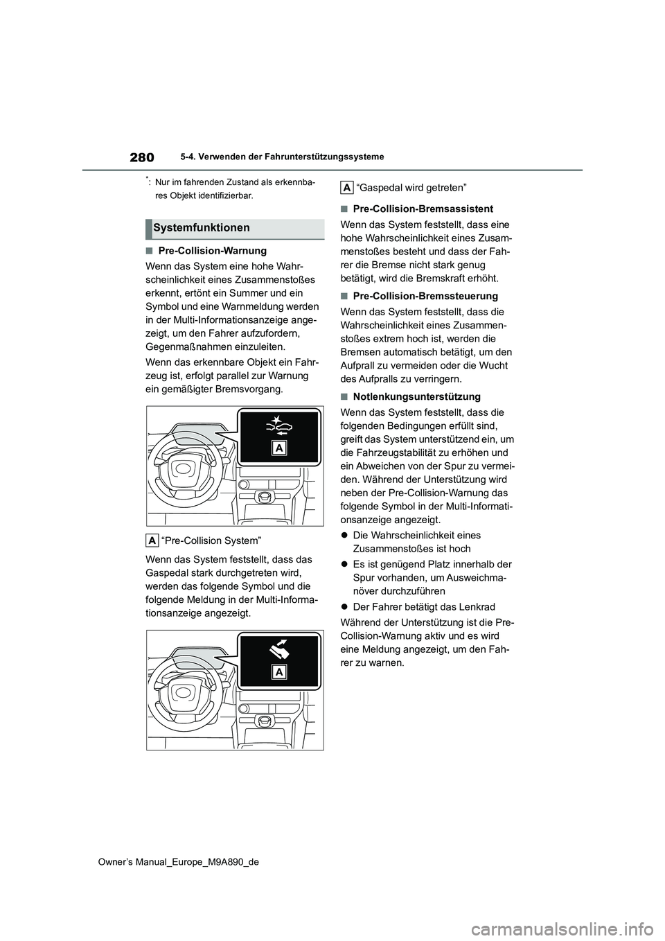 TOYOTA BZ4X 2023 Betriebsanleitungen (in German) 280
Owner’s Manual_Europe_M9A890_de
5-4. Verwenden der Fahrunterstützungssysteme
*: Nur im fahrenden Zustand als erkennba-
res Objekt identifizierbar.
■Pre-Collision-Warnung
Wenn das System ein TOYOTA BZ4X 2023 Betriebsanleitungen (in German) 280
Owner’s Manual_Europe_M9A890_de
5-4. Verwenden der Fahrunterstützungssysteme
*: Nur im fahrenden Zustand als erkennba-
res Objekt identifizierbar.
■Pre-Collision-Warnung
Wenn das System ein