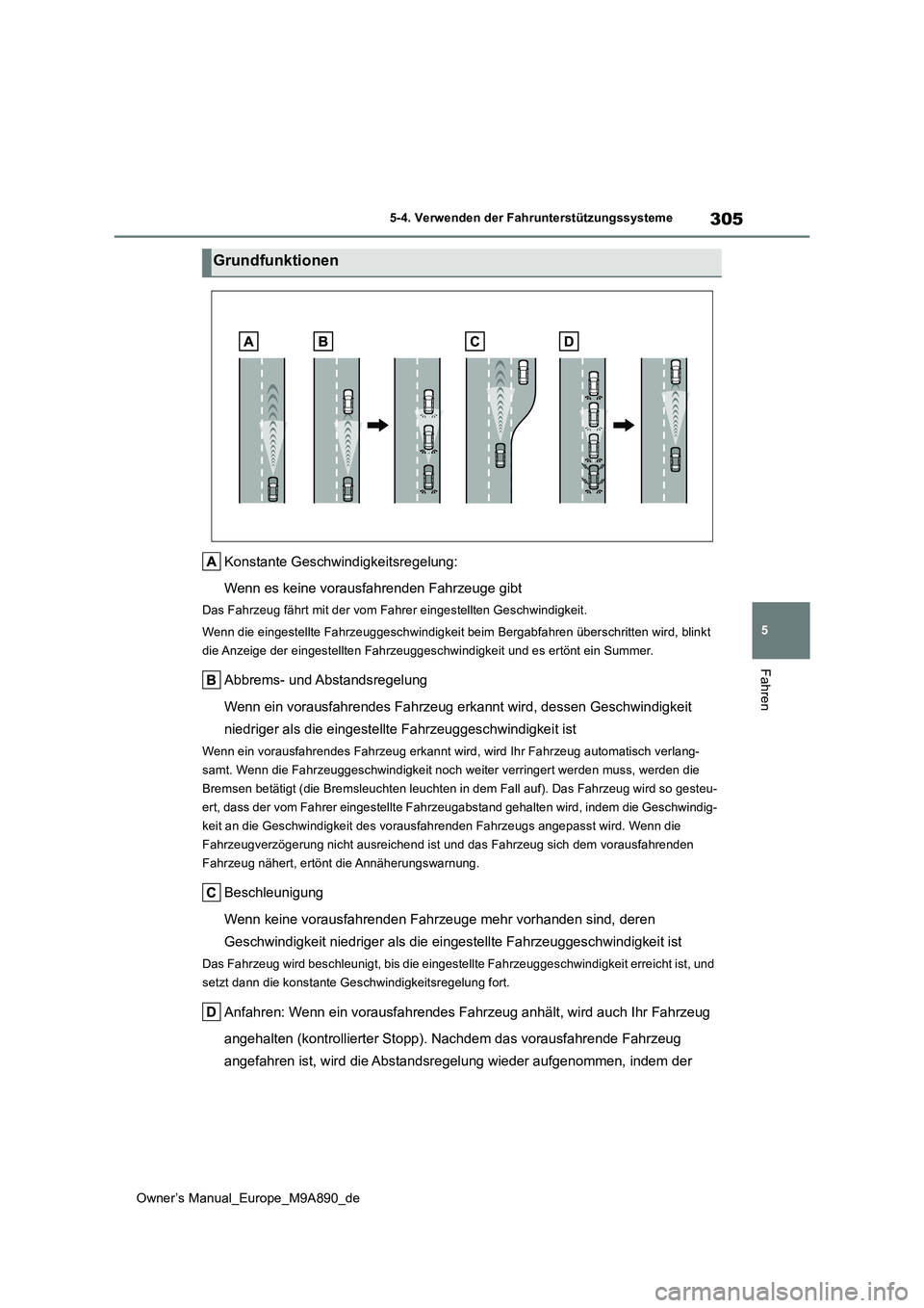TOYOTA BZ4X 2023 Betriebsanleitungen (in German) 305
5
Owner’s Manual_Europe_M9A890_de
5-4. Verwenden der Fahrunterstützungssysteme
Fahren
Konstante Geschwindigkeitsregelung:
Wenn es keine vorausfahrenden Fahrzeuge gibt
Das Fahrzeug fährt mit d TOYOTA BZ4X 2023 Betriebsanleitungen (in German) 305
5
Owner’s Manual_Europe_M9A890_de
5-4. Verwenden der Fahrunterstützungssysteme
Fahren
Konstante Geschwindigkeitsregelung:
Wenn es keine vorausfahrenden Fahrzeuge gibt
Das Fahrzeug fährt mit d