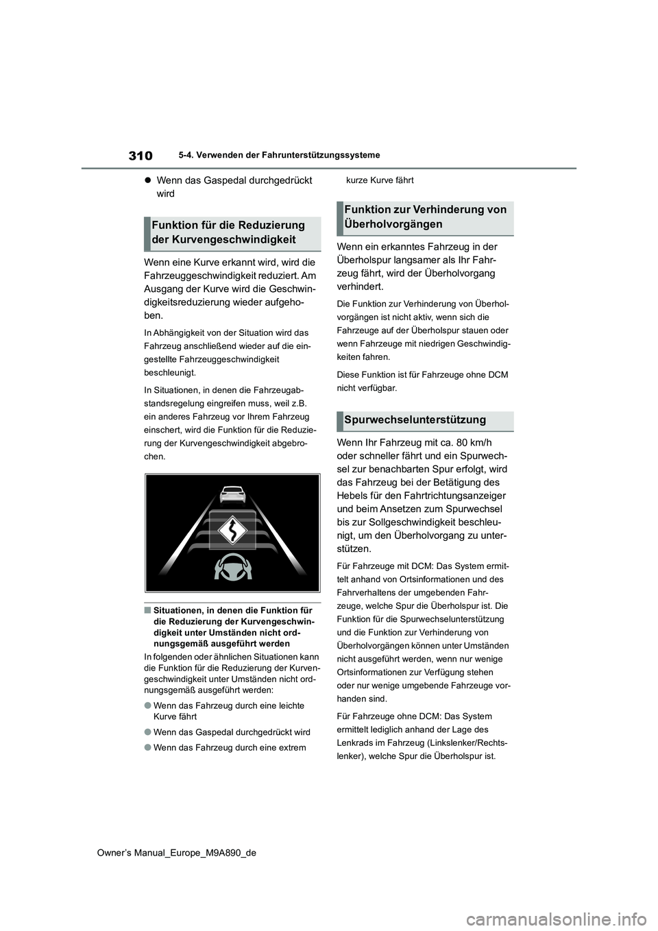 TOYOTA BZ4X 2023 Betriebsanleitungen (in German) 310
Owner’s Manual_Europe_M9A890_de
5-4. Verwenden der Fahrunterstützungssysteme
Wenn das Gaspedal durchgedrückt
wird
Wenn eine Kurve erkannt wird, wird die
Fahrzeuggeschwindigkeit reduzie TOYOTA BZ4X 2023 Betriebsanleitungen (in German) 310
Owner’s Manual_Europe_M9A890_de
5-4. Verwenden der Fahrunterstützungssysteme
Wenn das Gaspedal durchgedrückt
wird
Wenn eine Kurve erkannt wird, wird die
Fahrzeuggeschwindigkeit reduzie