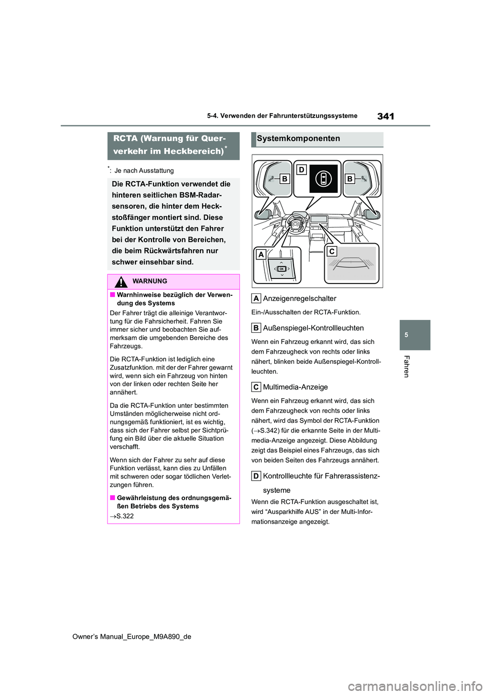 TOYOTA BZ4X 2023 Betriebsanleitungen (in German) 341
5
Owner’s Manual_Europe_M9A890_de
5-4. Verwenden der Fahrunterstützungssysteme
Fahren
*: Je nach Ausstattung
Anzeigenregelschalter
Ein-/Ausschalten der RCTA-Funktion.
Außenspiegel-Kontrollleuc TOYOTA BZ4X 2023 Betriebsanleitungen (in German) 341
5
Owner’s Manual_Europe_M9A890_de
5-4. Verwenden der Fahrunterstützungssysteme
Fahren
*: Je nach Ausstattung
Anzeigenregelschalter
Ein-/Ausschalten der RCTA-Funktion.
Außenspiegel-Kontrollleuc