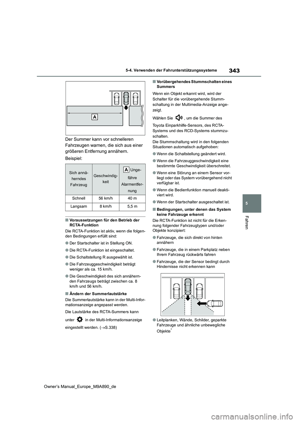 TOYOTA BZ4X 2023 Betriebsanleitungen (in German) 343
5
Owner’s Manual_Europe_M9A890_de
5-4. Verwenden der Fahrunterstützungssysteme
Fahren
Der Summer kann vor schnelleren
Fahrzeugen warnen, die sich aus einer
größeren Entfernung annähern.
TOYOTA BZ4X 2023 Betriebsanleitungen (in German) 343
5
Owner’s Manual_Europe_M9A890_de
5-4. Verwenden der Fahrunterstützungssysteme
Fahren
Der Summer kann vor schnelleren
Fahrzeugen warnen, die sich aus einer
größeren Entfernung annähern.
