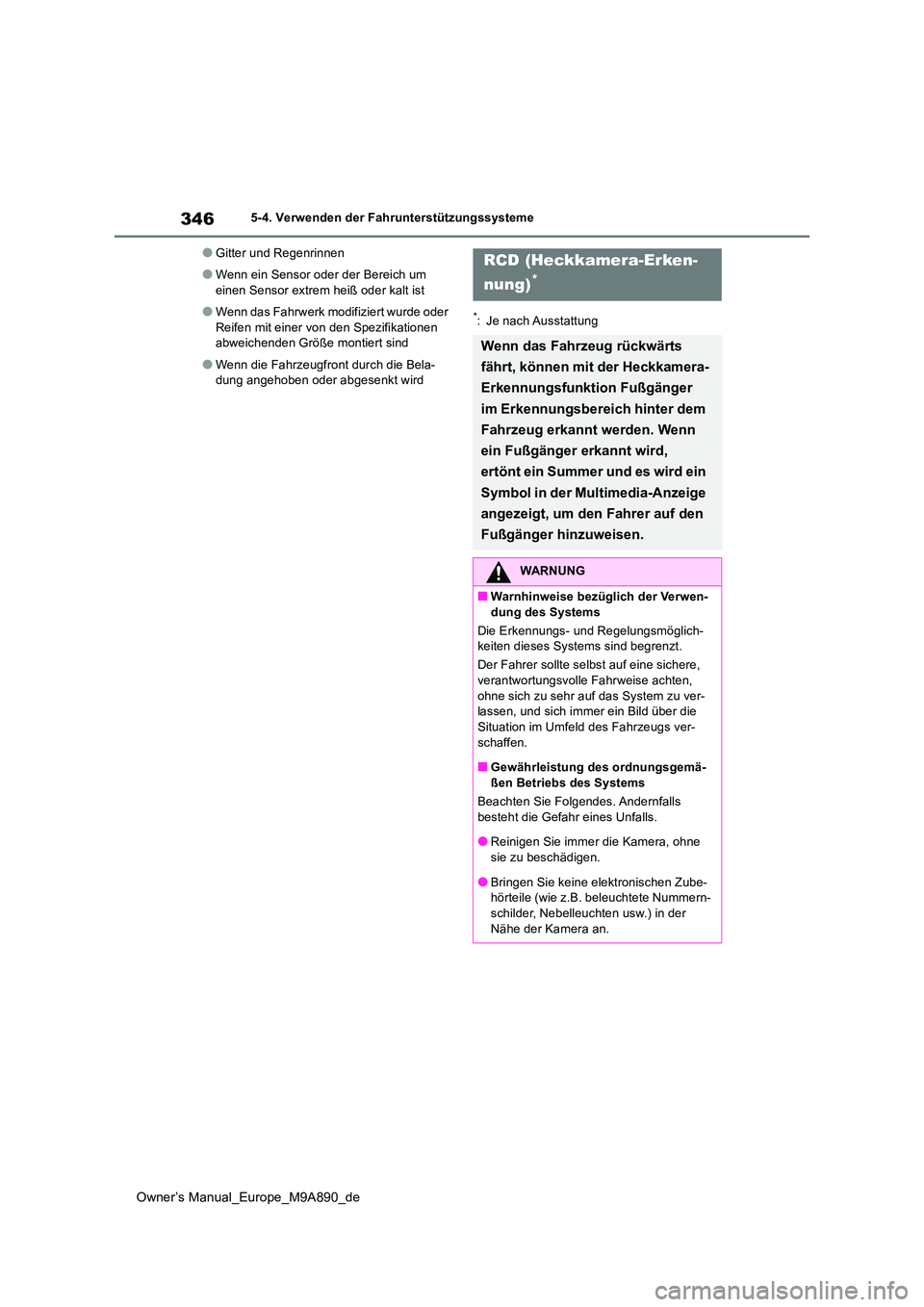 TOYOTA BZ4X 2023 Betriebsanleitungen (in German) 346
Owner’s Manual_Europe_M9A890_de
5-4. Verwenden der Fahrunterstützungssysteme
●Gitter und Regenrinnen
●Wenn ein Sensor oder der Bereich um
einen Sensor extrem heiß oder kalt ist
●Wenn d TOYOTA BZ4X 2023 Betriebsanleitungen (in German) 346
Owner’s Manual_Europe_M9A890_de
5-4. Verwenden der Fahrunterstützungssysteme
●Gitter und Regenrinnen
●Wenn ein Sensor oder der Bereich um
einen Sensor extrem heiß oder kalt ist
●Wenn d