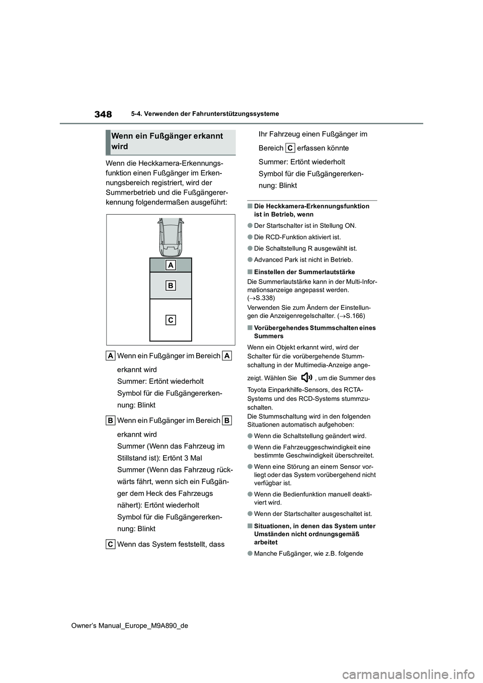 TOYOTA BZ4X 2023 Betriebsanleitungen (in German) 348
Owner’s Manual_Europe_M9A890_de
5-4. Verwenden der Fahrunterstützungssysteme
Wenn die Heckkamera-Erkennungs-
funktion einen Fußgänger im Erken-
nungsbereich registriert, wird der
Summerbetr TOYOTA BZ4X 2023 Betriebsanleitungen (in German) 348
Owner’s Manual_Europe_M9A890_de
5-4. Verwenden der Fahrunterstützungssysteme
Wenn die Heckkamera-Erkennungs-
funktion einen Fußgänger im Erken-
nungsbereich registriert, wird der
Summerbetr
