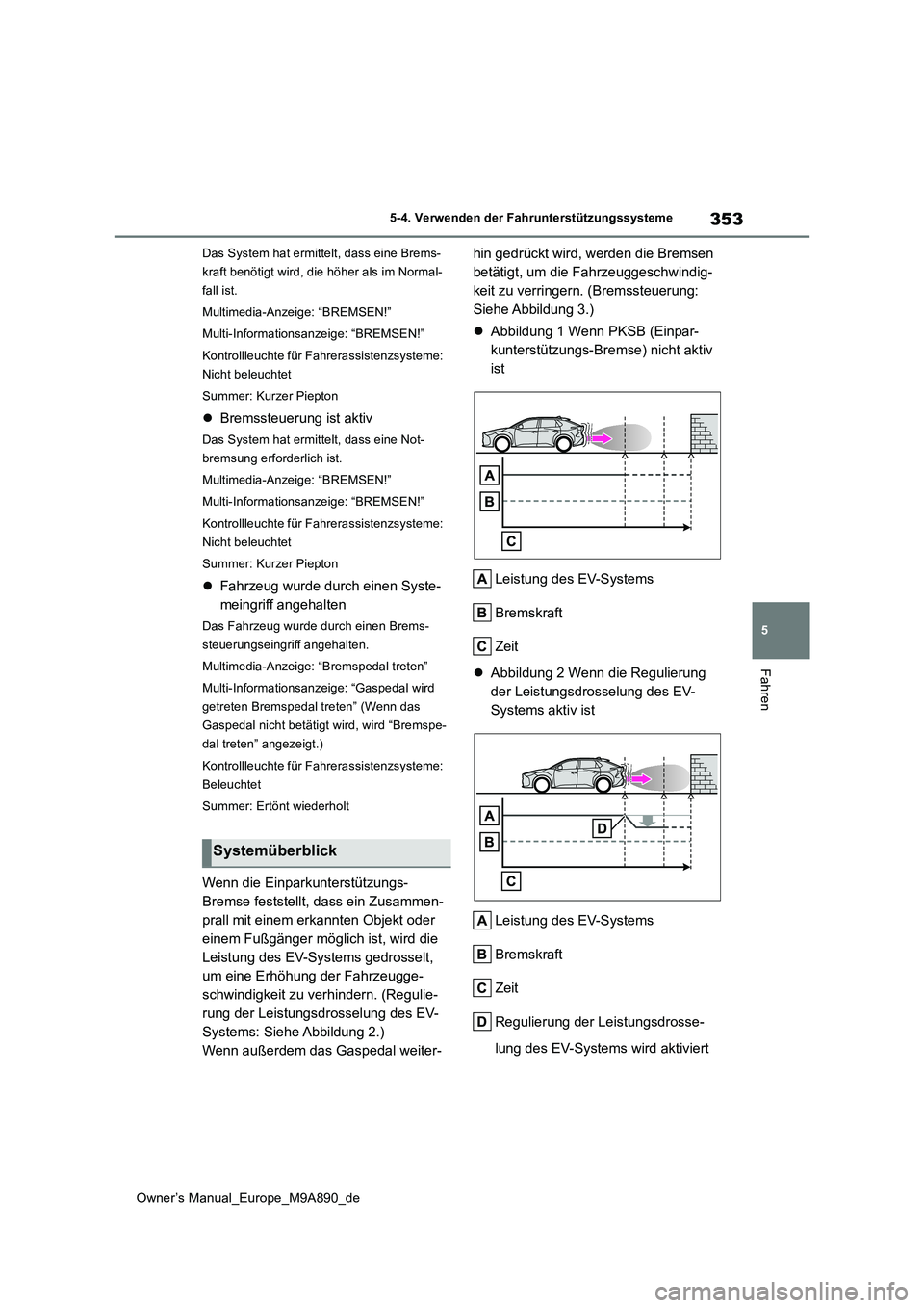 TOYOTA BZ4X 2023 Betriebsanleitungen (in German) 353
5
Owner’s Manual_Europe_M9A890_de
5-4. Verwenden der Fahrunterstützungssysteme
Fahren
Das System hat ermittelt, dass eine Brems-
kraft benötigt wird, die höher als im Normal-
fall ist.
Mult TOYOTA BZ4X 2023 Betriebsanleitungen (in German) 353
5
Owner’s Manual_Europe_M9A890_de
5-4. Verwenden der Fahrunterstützungssysteme
Fahren
Das System hat ermittelt, dass eine Brems-
kraft benötigt wird, die höher als im Normal-
fall ist.
Mult