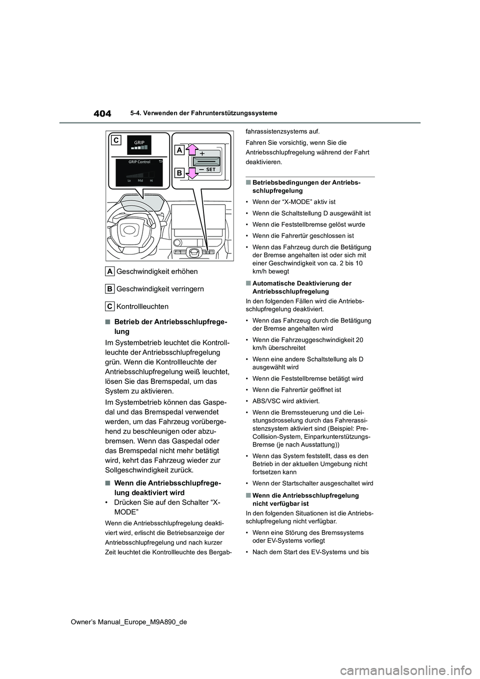 TOYOTA BZ4X 2023 Betriebsanleitungen (in German) 404
Owner’s Manual_Europe_M9A890_de
5-4. Verwenden der Fahrunterstützungssysteme
Geschwindigkeit erhöhen
Geschwindigkeit verringern
Kontrollleuchten
■Betrieb der Antriebsschlupfrege-
lung
Im TOYOTA BZ4X 2023 Betriebsanleitungen (in German) 404
Owner’s Manual_Europe_M9A890_de
5-4. Verwenden der Fahrunterstützungssysteme
Geschwindigkeit erhöhen
Geschwindigkeit verringern
Kontrollleuchten
■Betrieb der Antriebsschlupfrege-
lung
Im