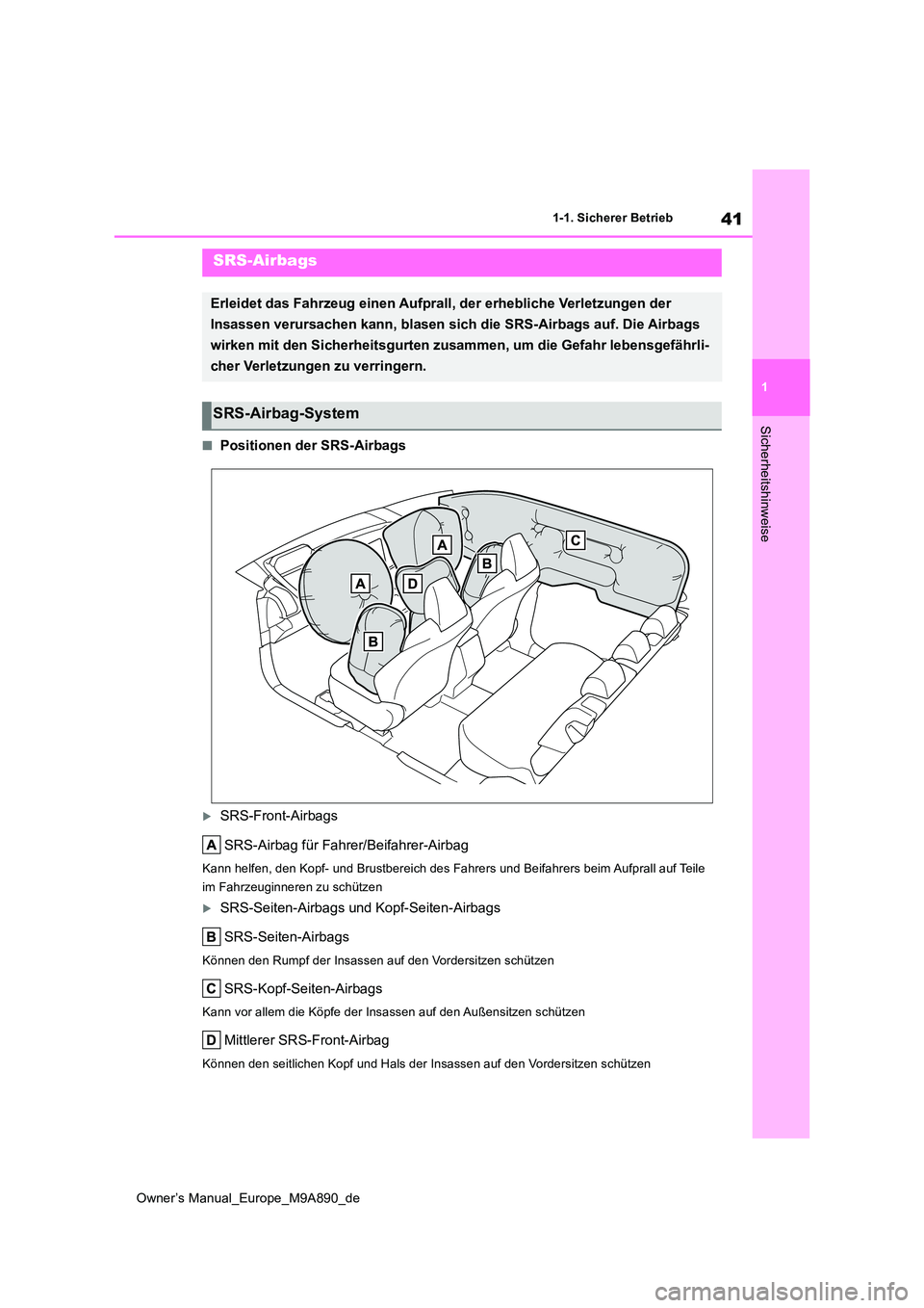 TOYOTA BZ4X 2023  Betriebsanleitungen (in German) 41
1
Owner’s Manual_Europe_M9A890_de
1-1. Sicherer Betrieb
Sicherheitshinweise
■Positionen der SRS-Airbags
SRS-Front-Airbags 
SRS-Airbag für Fahrer/Beifahrer-Airbag
Kann helfen, den Kopf- und 