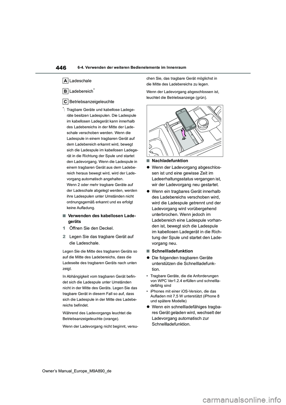TOYOTA BZ4X 2023 Betriebsanleitungen (in German) 446
Owner’s Manual_Europe_M9A890_de
6-4. Verwenden der weiteren Bedienelemente im Innenraum
Ladeschale
Ladebereich*
Betriebsanzeigeleuchte
*: Tragbare Geräte und kabellose Ladege-
räte besitzen TOYOTA BZ4X 2023 Betriebsanleitungen (in German) 446
Owner’s Manual_Europe_M9A890_de
6-4. Verwenden der weiteren Bedienelemente im Innenraum
Ladeschale
Ladebereich*
Betriebsanzeigeleuchte
*: Tragbare Geräte und kabellose Ladege-
räte besitzen