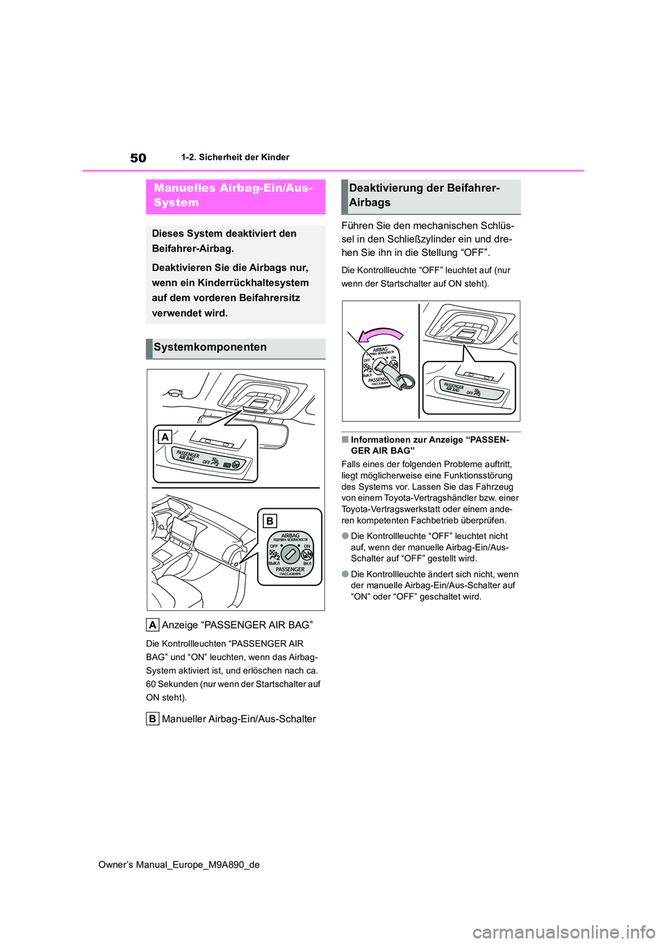 TOYOTA BZ4X 2023  Betriebsanleitungen (in German) 50
Owner’s Manual_Europe_M9A890_de
1-2. Sicherheit der Kinder
1-2.Sicherheit der Kind er
Anzeige “PASSENGER AIR BAG”
Die Kontrollleuchten “PASSENGER AIR  
BAG” und “ON” leuchten, wenn da