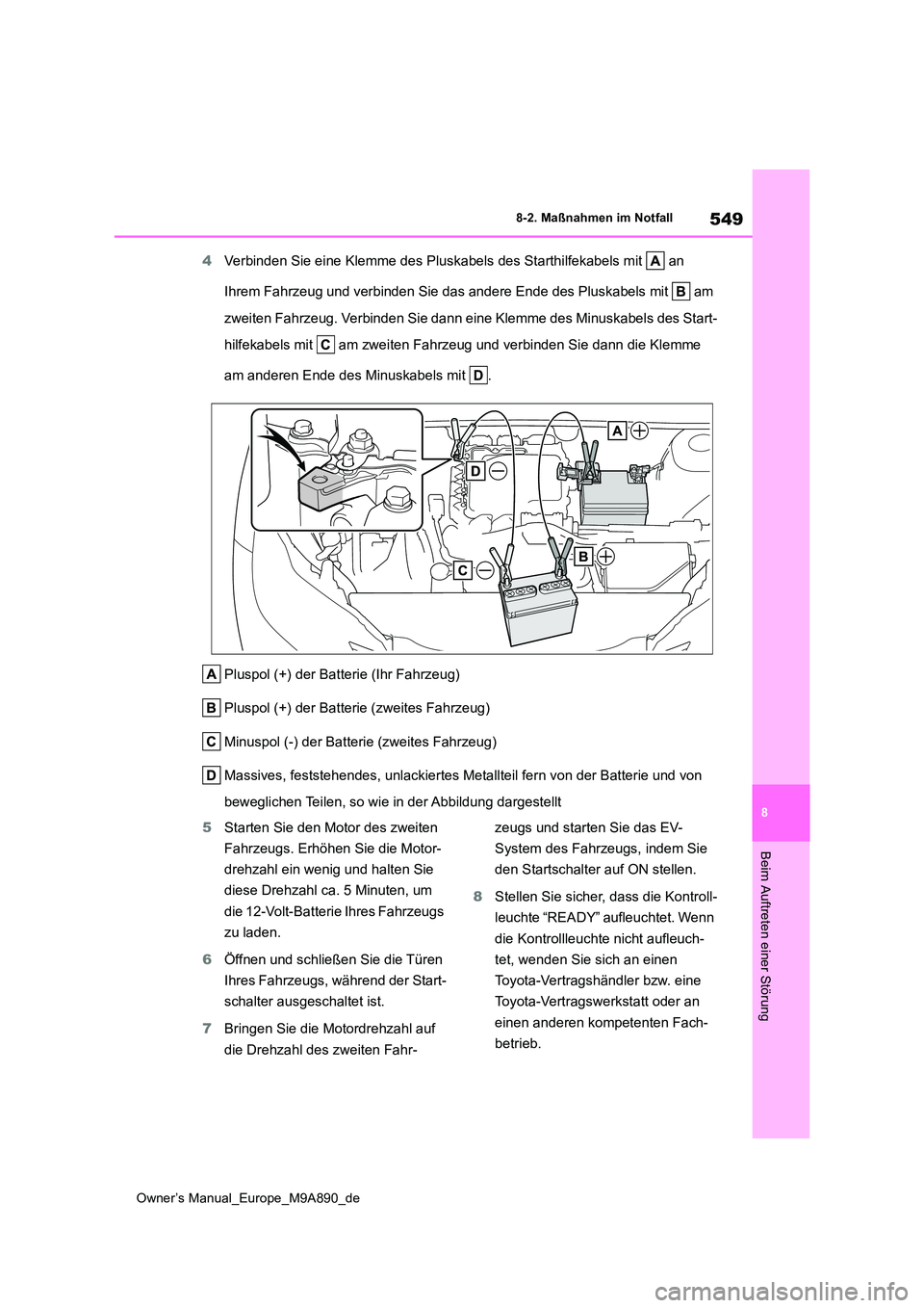 TOYOTA BZ4X 2023  Betriebsanleitungen (in German) 549
8
Owner’s Manual_Europe_M9A890_de
8-2. Maßnahmen im Notfall
Beim Auftreten einer Störung
4Verbinden Sie eine Klemme des Pluskabels des Starthilfekabels mit   an  
Ihrem Fahrzeug und verbinden 