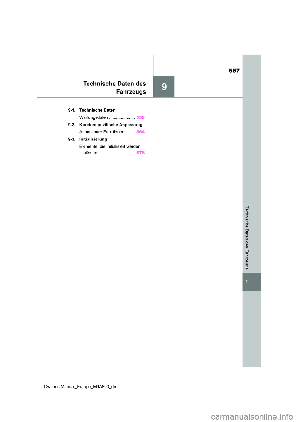 TOYOTA BZ4X 2023  Betriebsanleitungen (in German) 9
557
Owner’s Manual_Europe_M9A890_de
9
Technische Daten des Fahrzeugs
Technische Daten des 
Fahrzeugs
9-1. Technische Daten 
Wartungsdaten ...................... 558 
9-2. Kundenspezifische Anpassu