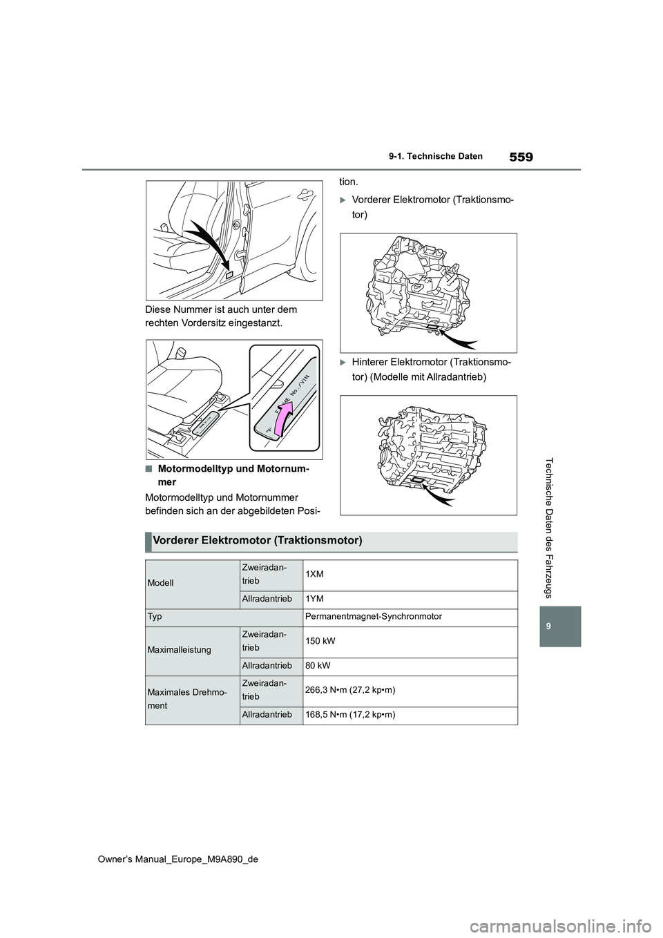 TOYOTA BZ4X 2023  Betriebsanleitungen (in German) 559
9
Owner’s Manual_Europe_M9A890_de
9-1. Technische Daten
Technische Daten des Fahrzeugs
Diese Nummer ist auch unter dem  
rechten Vordersitz eingestanzt.
■Motormodelltyp und Motornum-
mer 
Moto