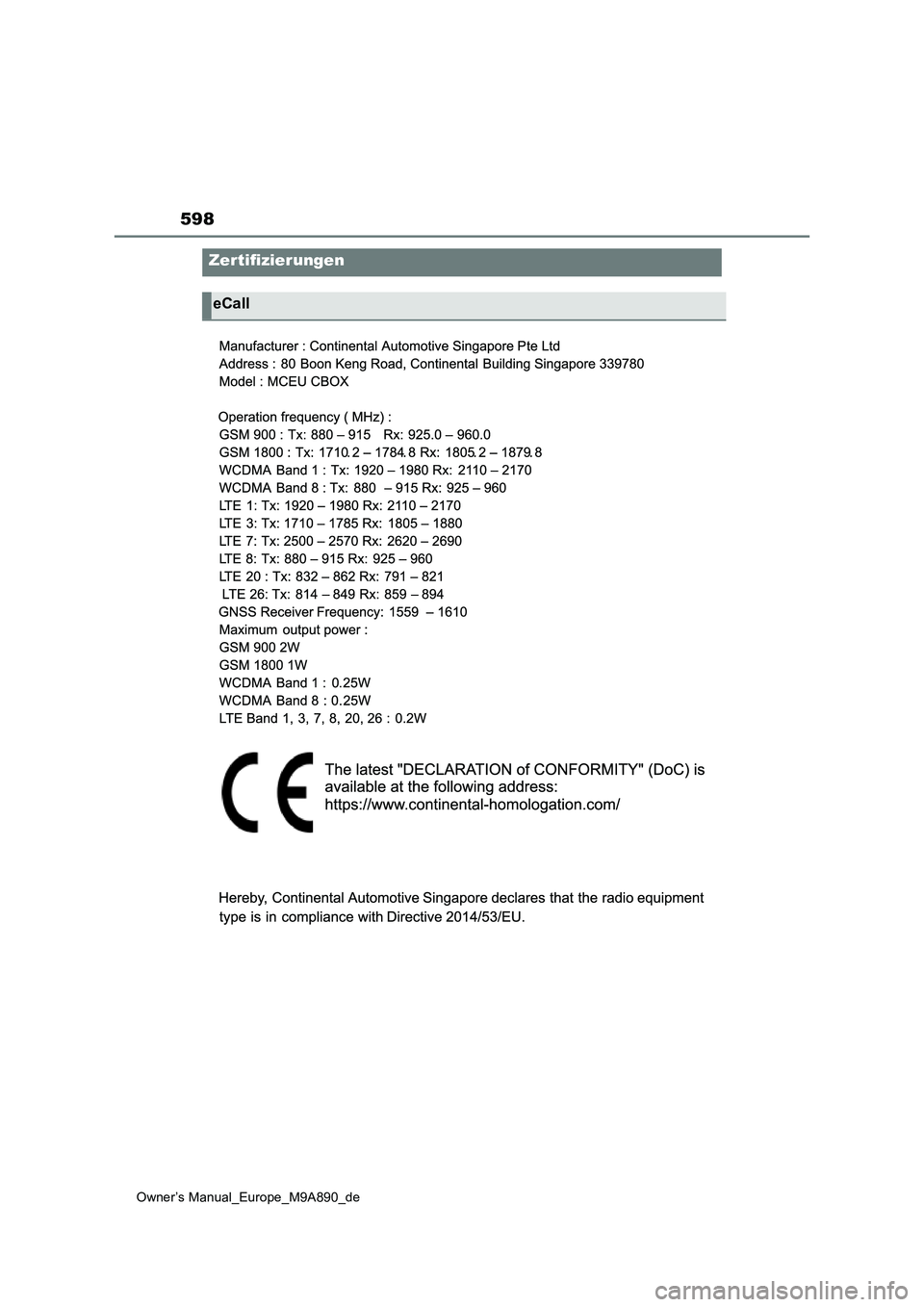 TOYOTA BZ4X 2023  Betriebsanleitungen (in German) 598
Owner’s Manual_Europe_M9A890_de
Zertifizierungen
eCall 