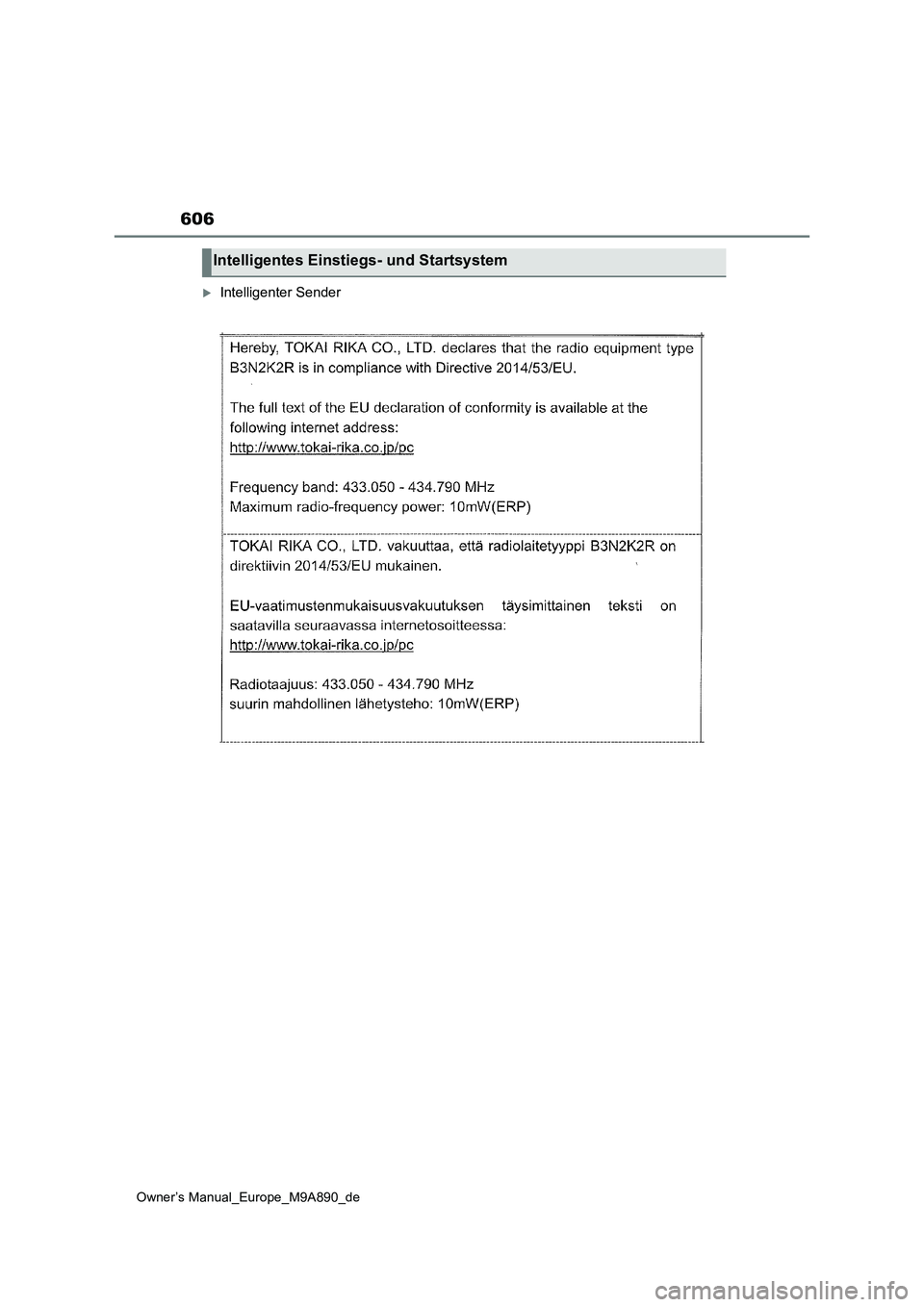 TOYOTA BZ4X 2023  Betriebsanleitungen (in German) 606
Owner’s Manual_Europe_M9A890_de
Intelligenter Sender
Intelligentes Einstiegs- und Startsystem 
