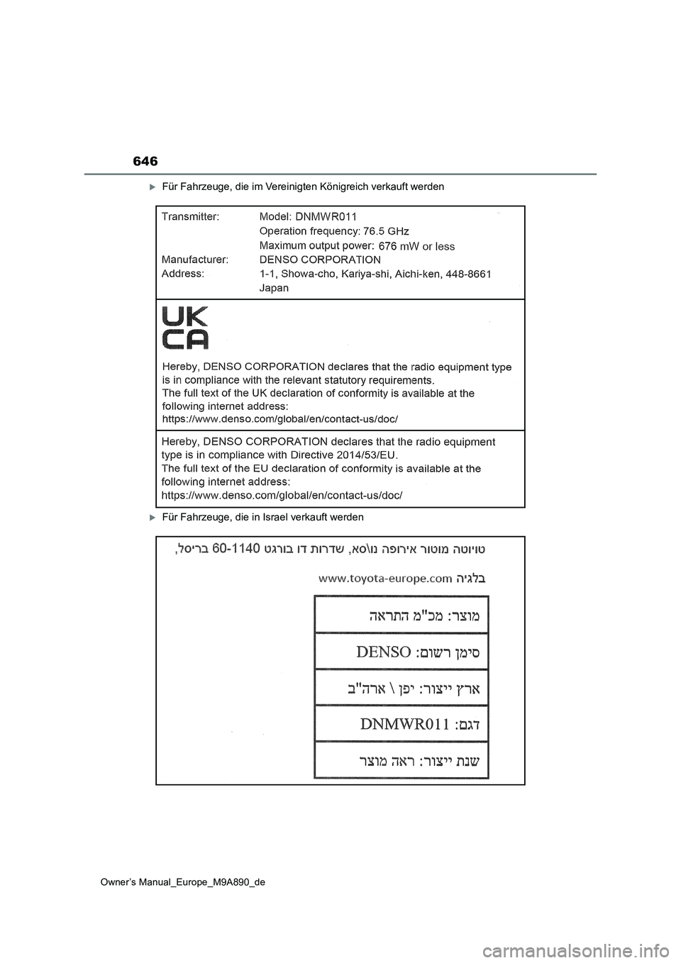 TOYOTA BZ4X 2023  Betriebsanleitungen (in German) 646
Owner’s Manual_Europe_M9A890_de
Für Fahrzeuge, die im Vereinigten Königreich verkauft werden
Für Fahrzeuge, die in Israel verkauft werden 