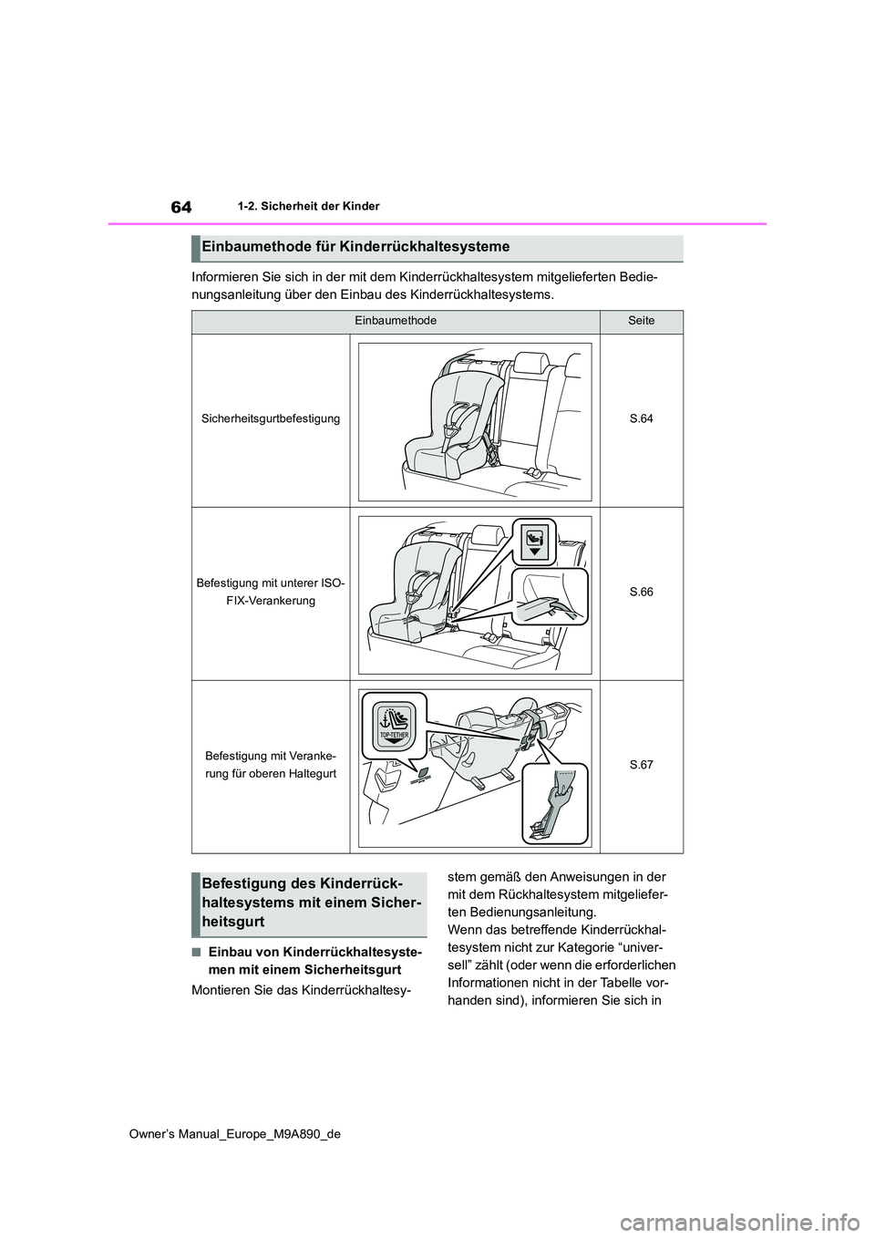 TOYOTA BZ4X 2023  Betriebsanleitungen (in German) 64
Owner’s Manual_Europe_M9A890_de
1-2. Sicherheit der Kinder
Informieren Sie sich in der mit dem Kinderrückhaltesystem mitgelieferten Bedie- 
nungsanleitung über den Einbau des Kinderrückhaltesy