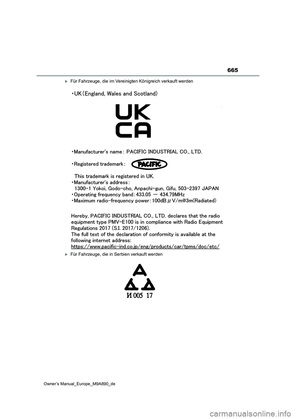 TOYOTA BZ4X 2023  Betriebsanleitungen (in German) 665
Owner’s Manual_Europe_M9A890_de
Für Fahrzeuge, die im Vereinigten Königreich verkauft werden
Für Fahrzeuge, die in Serbien verkauft werden 