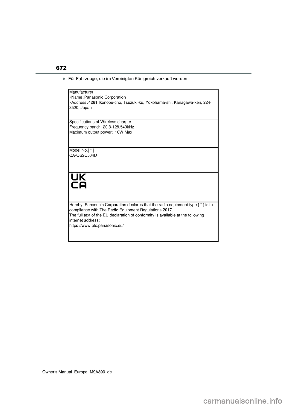 TOYOTA BZ4X 2023  Betriebsanleitungen (in German) 672
Owner’s Manual_Europe_M9A890_de
Für Fahrzeuge, die im Vereinigten Königreich verkauft werden 
